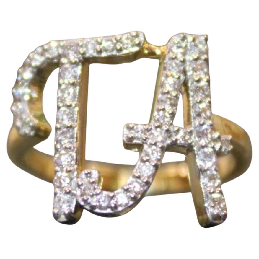 Personalized Double Initial Natural Diamond Ring in 14k Solid Gold (Certified) For Sale