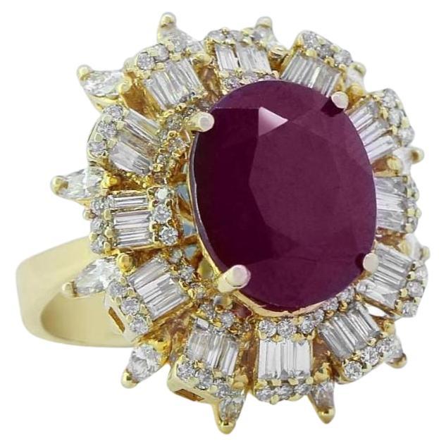 Ruby Baguette Halo Gemstone Natural Diamond Ring in 14k Solid Gold (Certified) For Sale