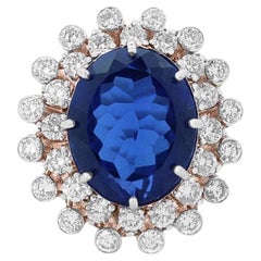 Blue Sapphire Oval Gemstone Diamond Ring in 14k Solid Gold (Certified)