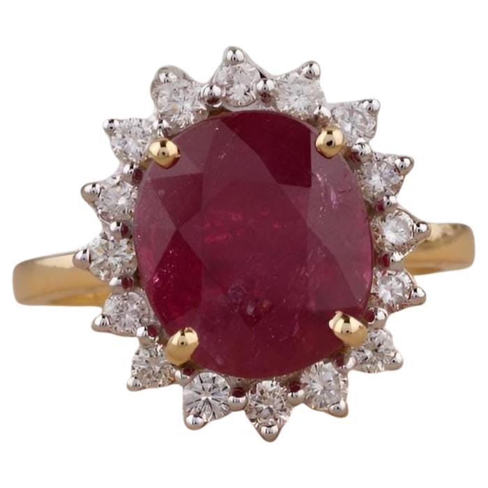 Oval Ruby Gemstone Diamond Ring in 14K Solid Gold (Certified)