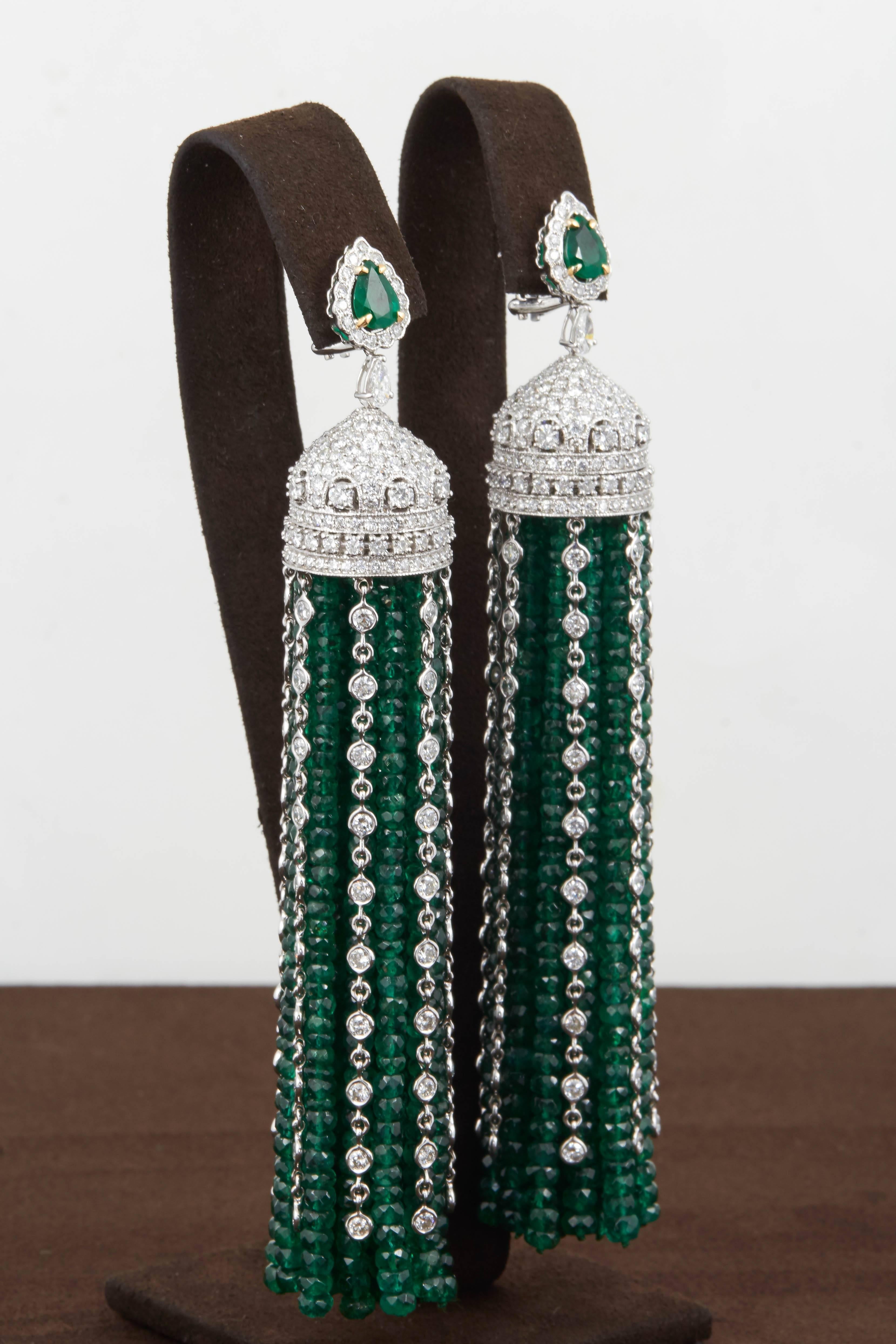 Women's Important Green Emerald and Diamond Tassel Earrings