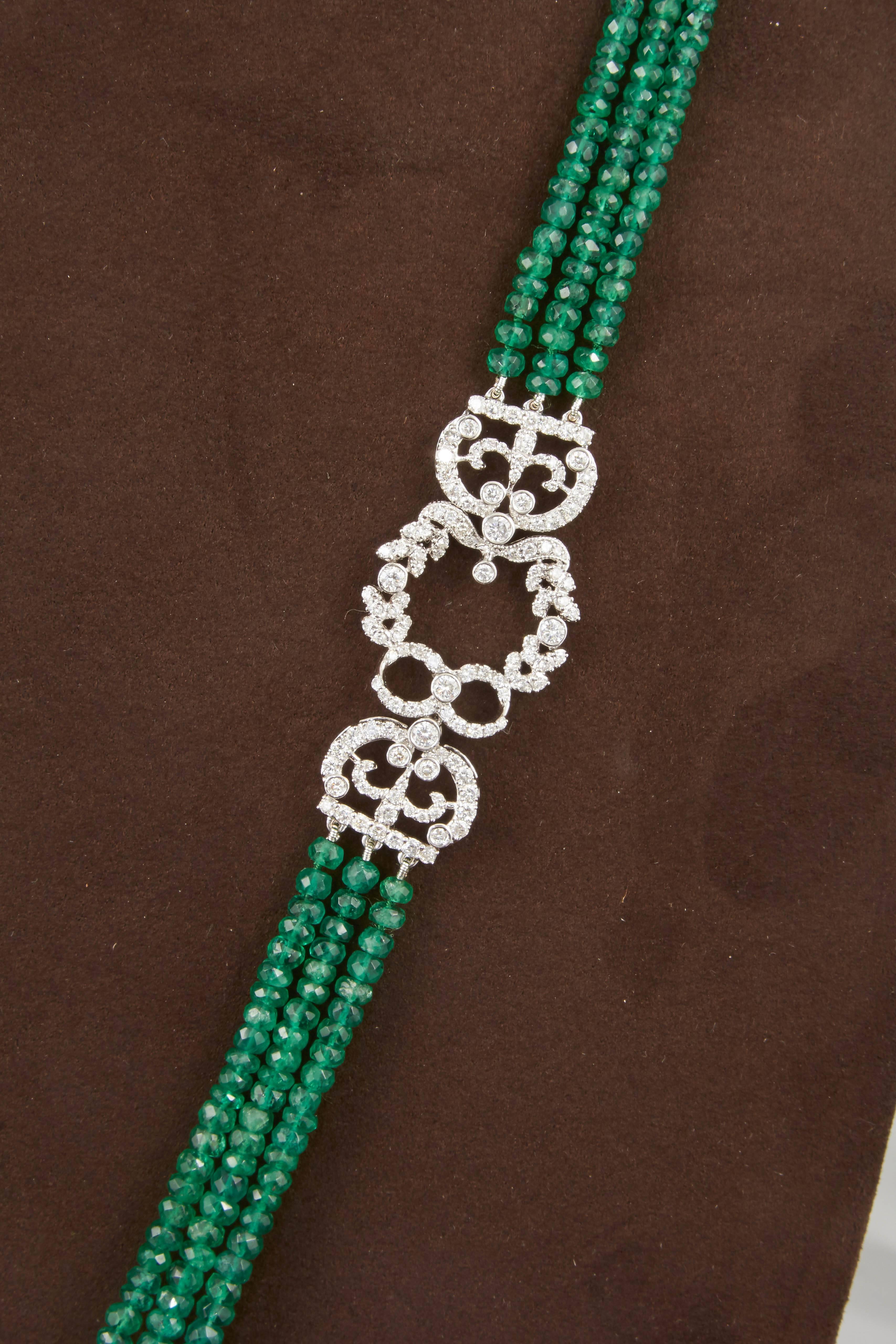 Women's Unique Green Emerald and Diamond Tassel Necklace For Sale