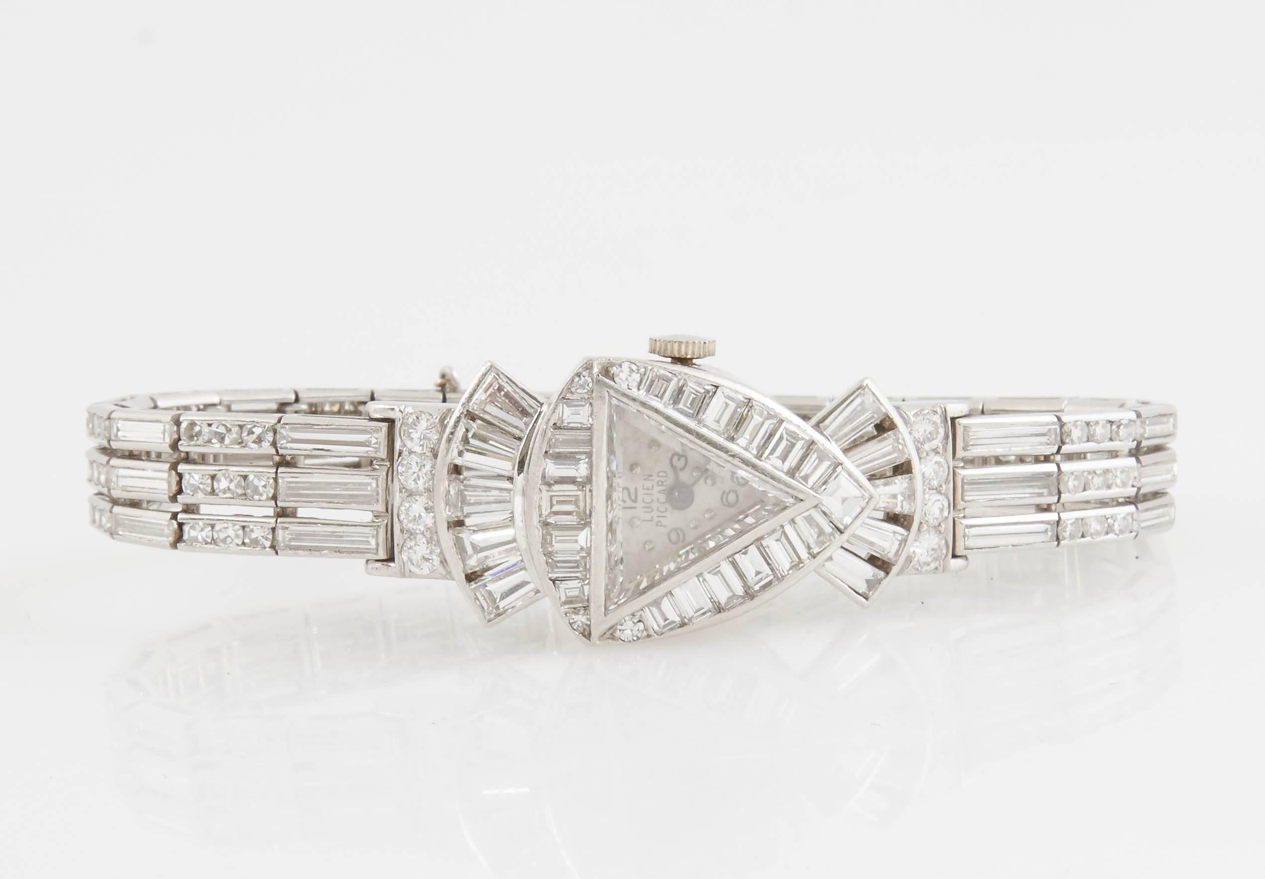 Lucien Piccard Ladies Art Deco Platinum Diamond Wristwatch In Good Condition For Sale In New York, NY