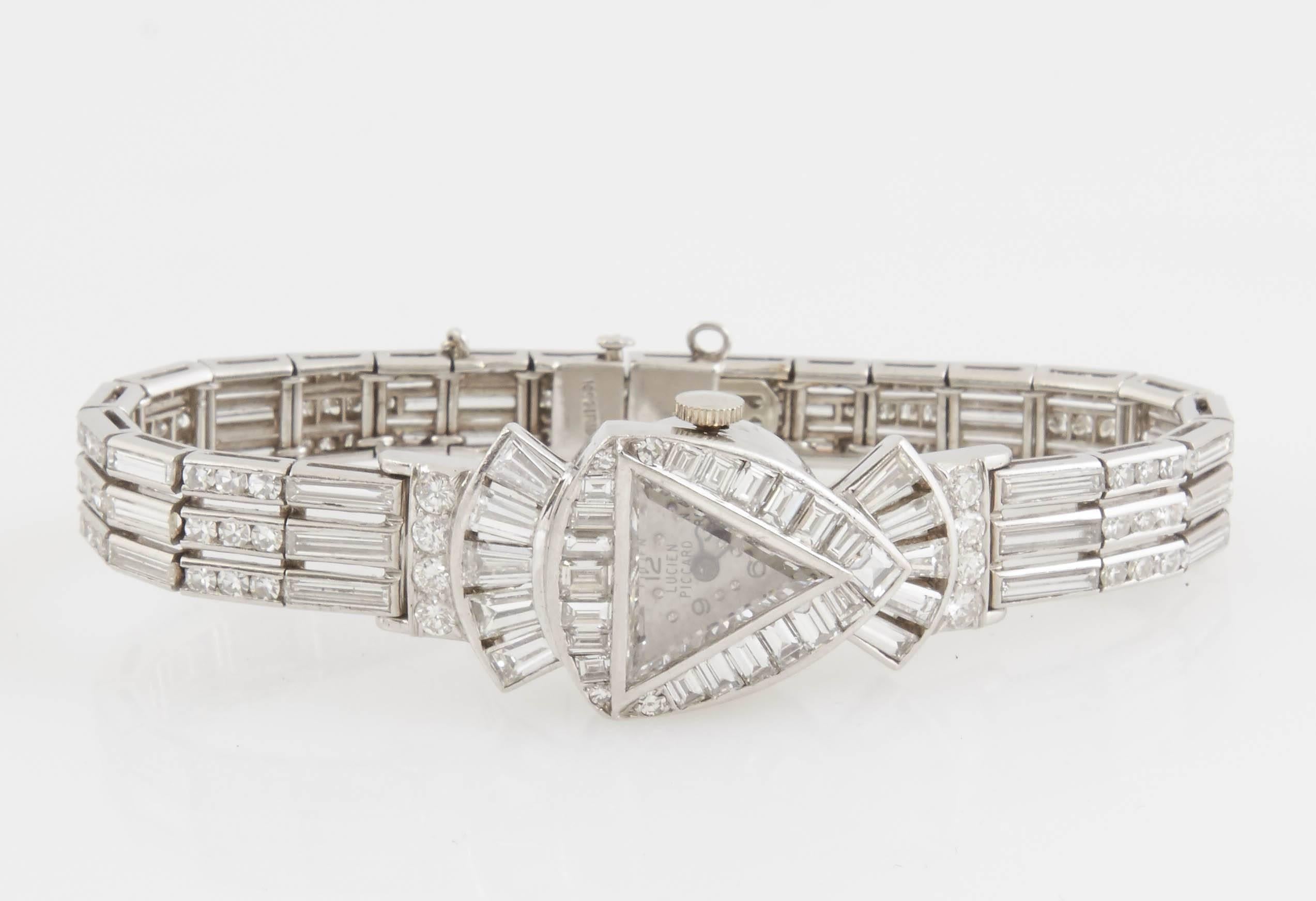 Lucien Piccard Damen Art Deco Platin-Diamant-Armbanduhr im Angebot 3