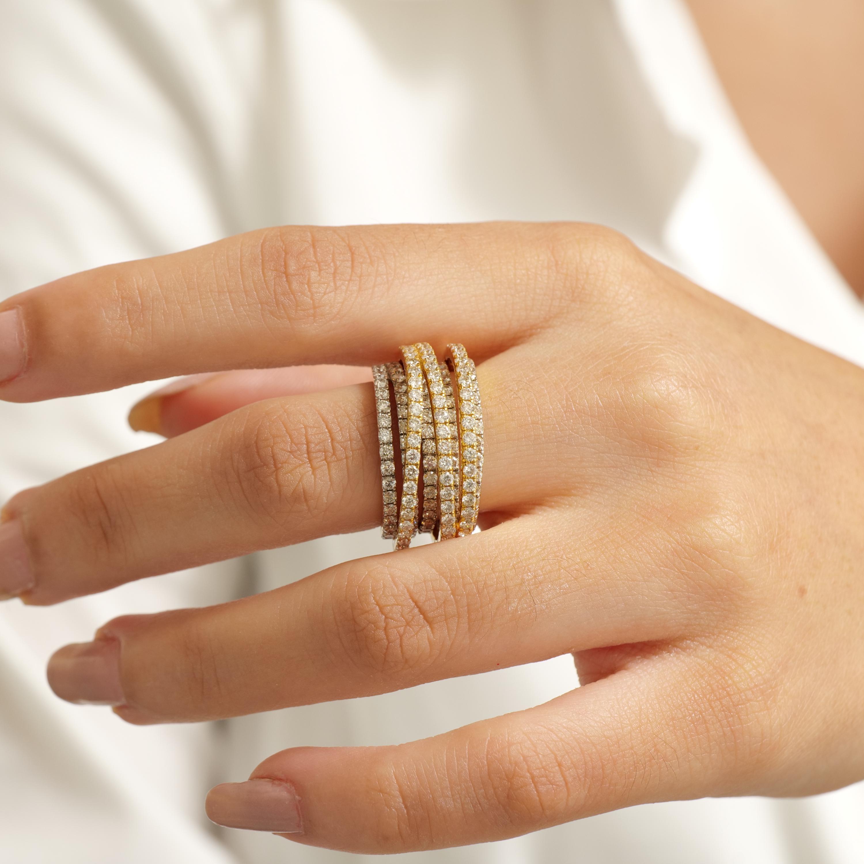 Art déco Bague à large bande et spirale de diamants en or massif 14K (certifié) en vente