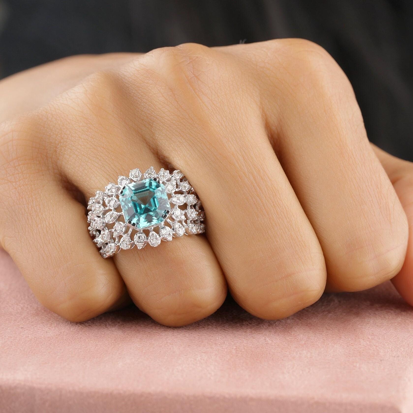 Art déco Bague en or massif 14k avec aigue-marine et diamant (certifié) en vente