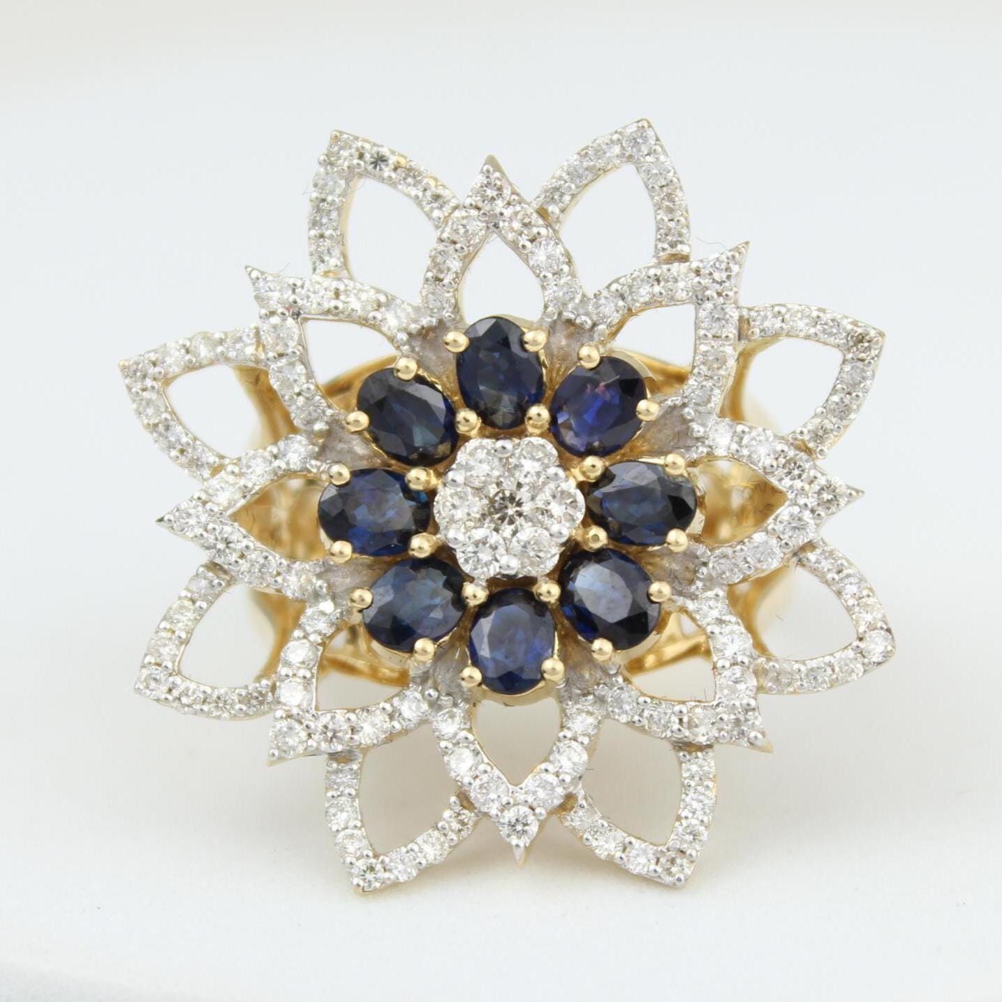 Bague fleur diamant saphir bleu en or massif 14K (certifié)