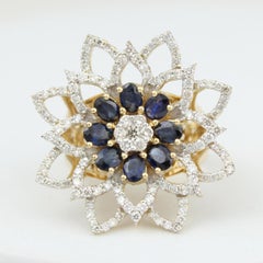 Anello con diamante a fiore e zaffiro blu in oro massiccio 14K (certificato)
