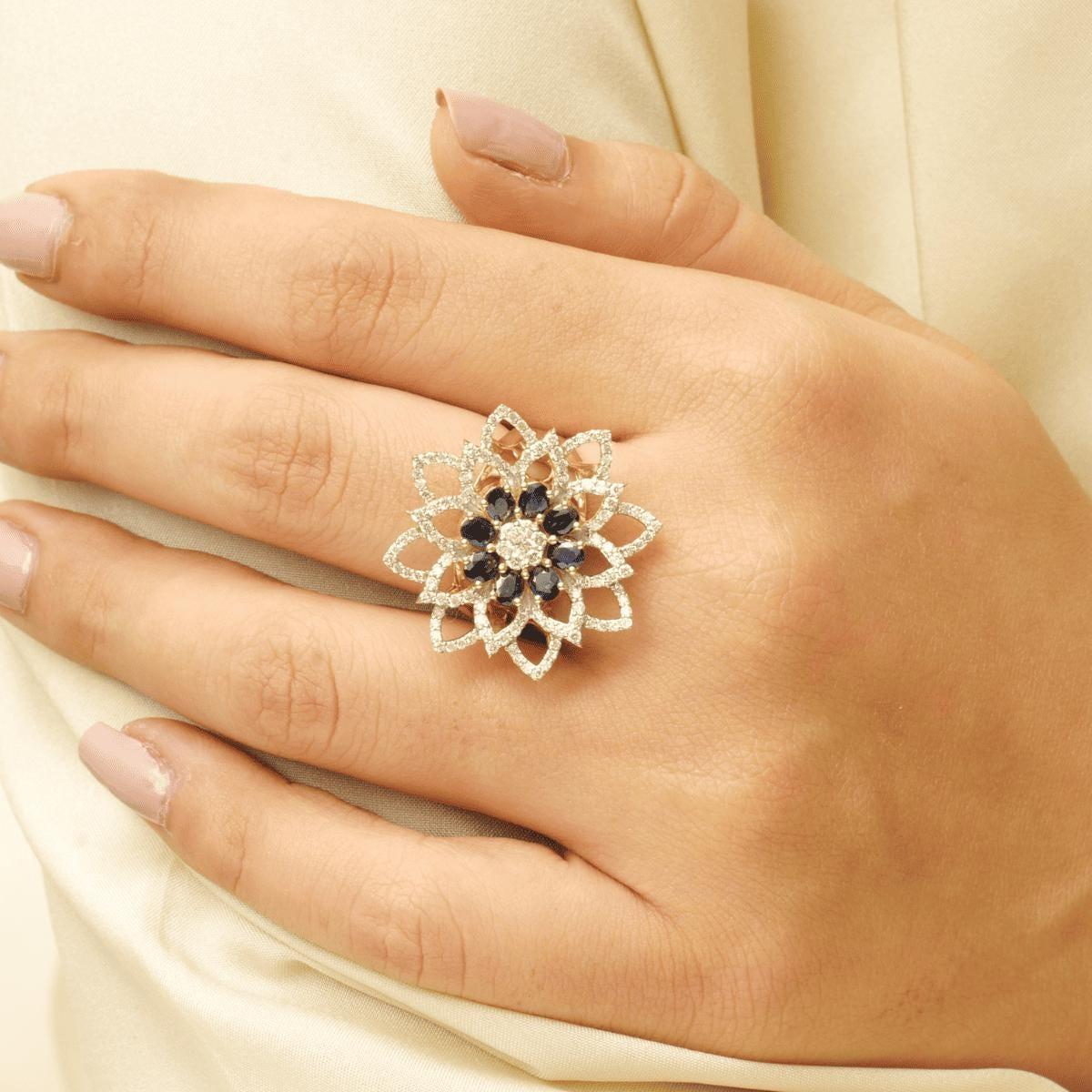 Art déco Bague fleur diamant saphir bleu en or massif 14K (certifié) en vente