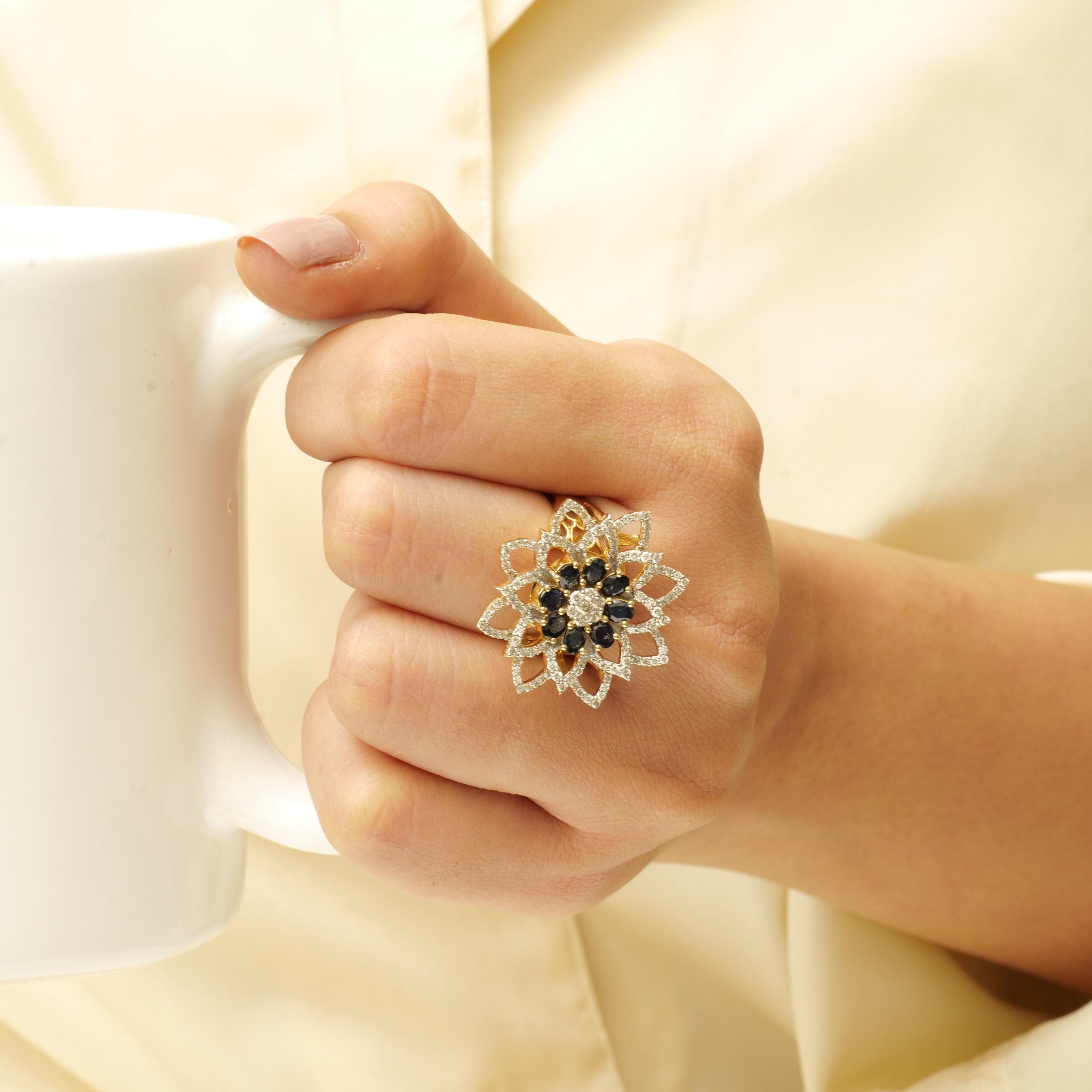 Taille ronde Bague fleur diamant saphir bleu en or massif 14K (certifié) en vente