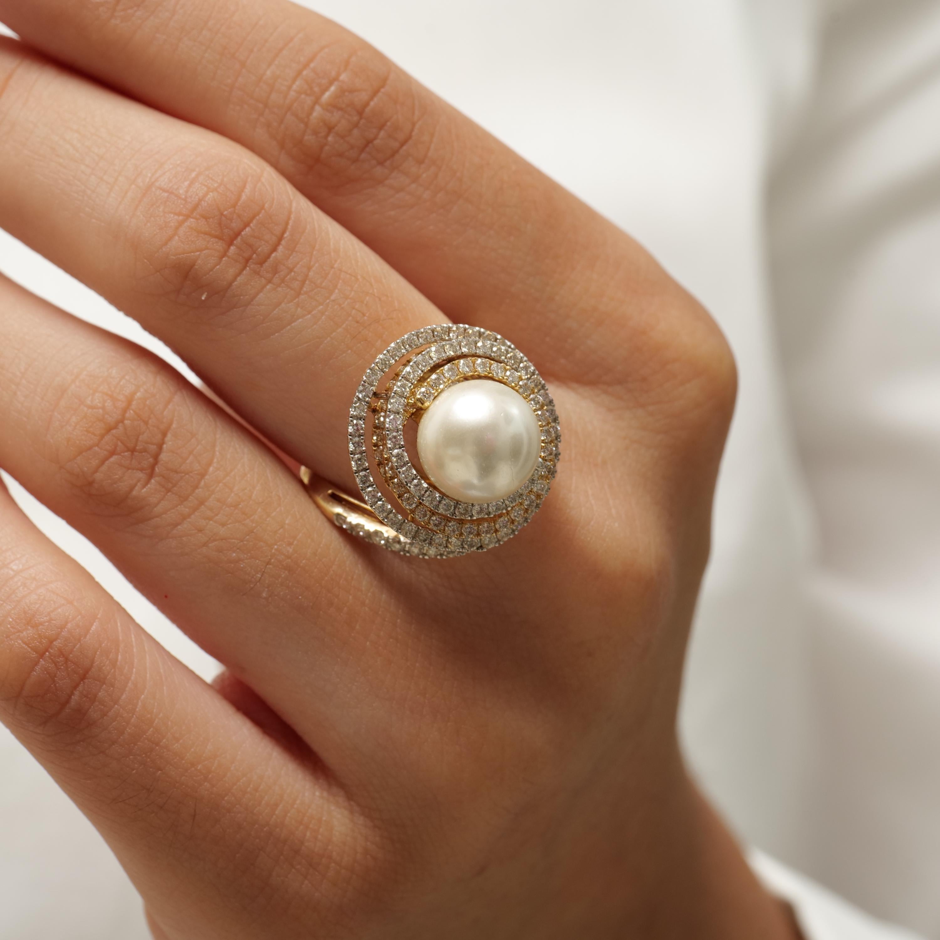Art Déco Anello con diamante e perla dei mari del sud coltivata in oro massiccio 14K (certificato) in vendita