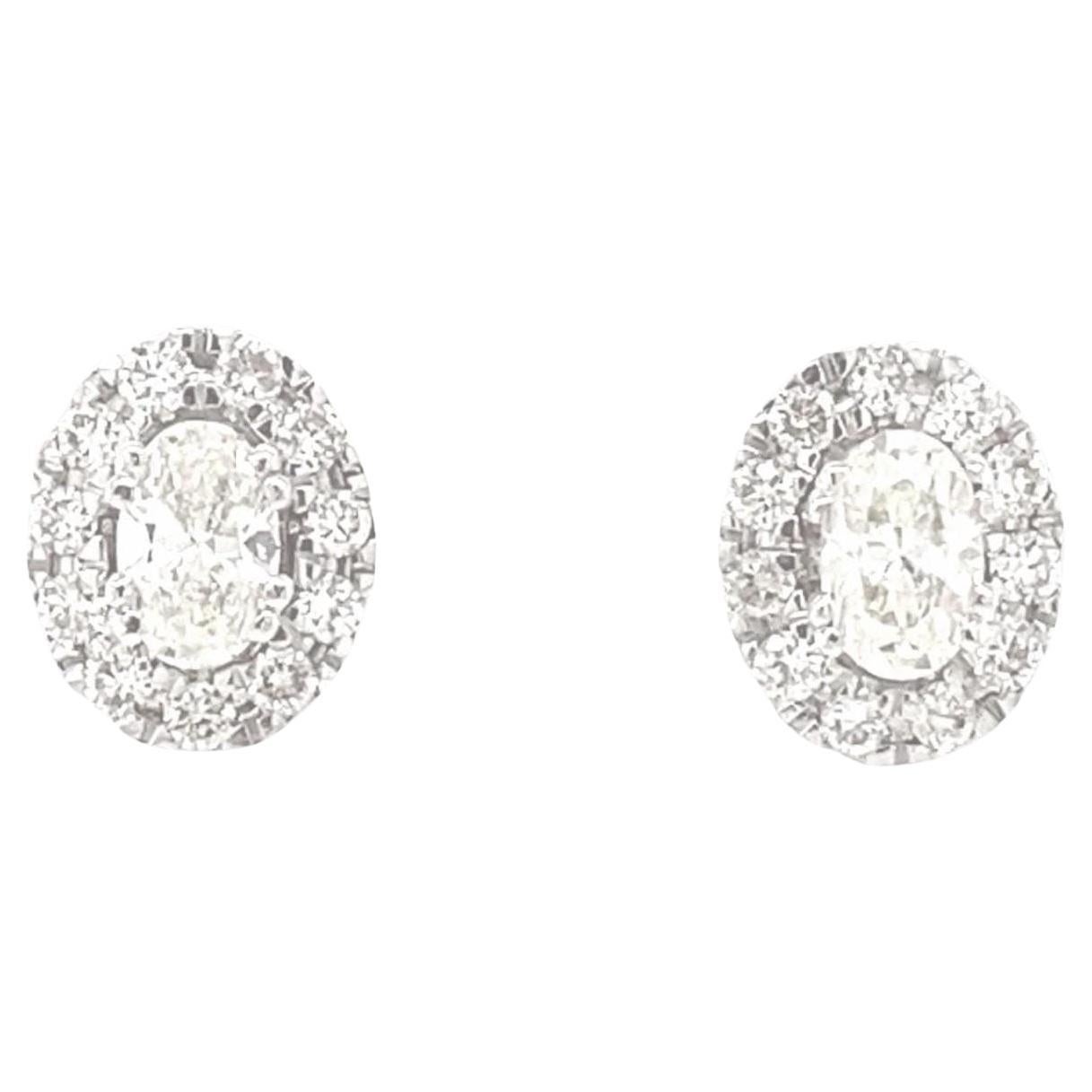 Oval Natural Diamond Studs Earrings with Halos in 14K Solid Gold (Certified)