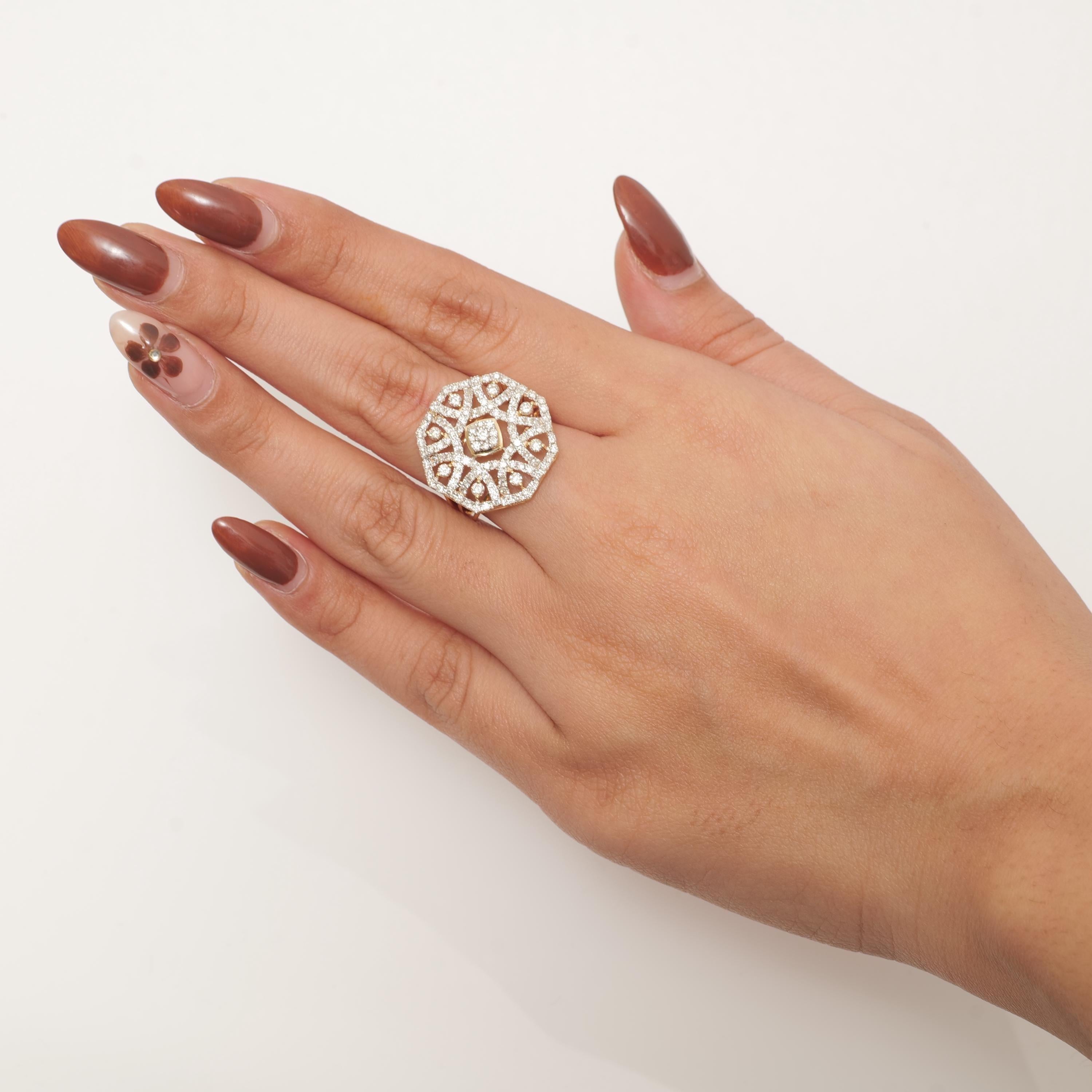 Art déco Bague cocktail octogonale en or massif 14k (certifié) en vente