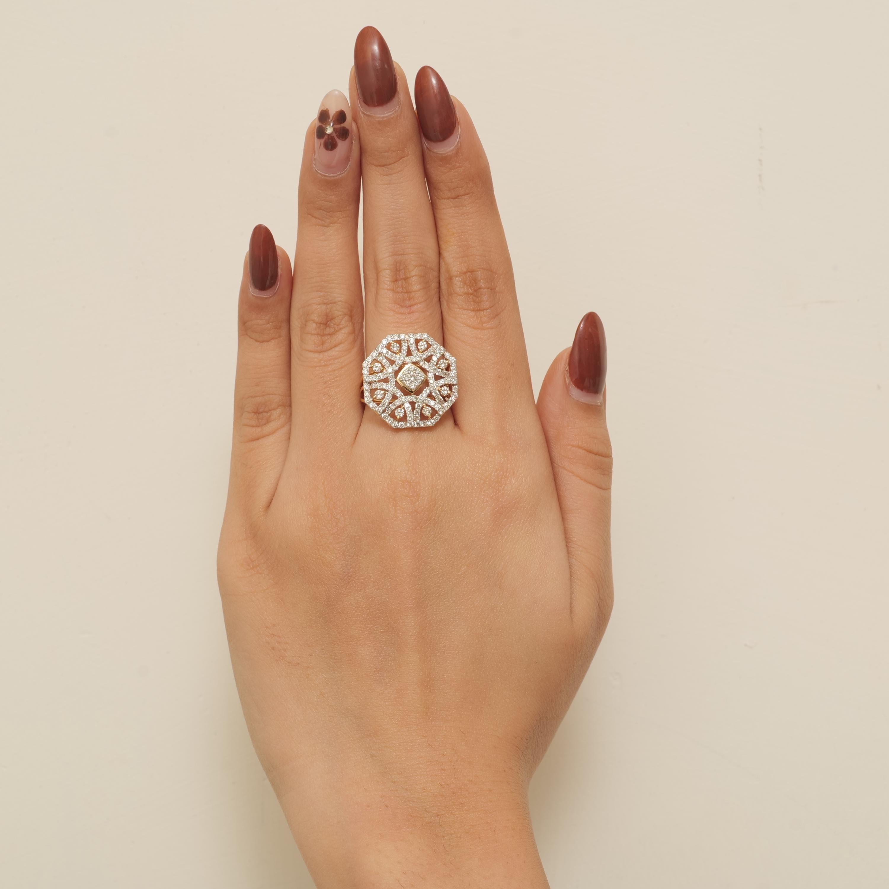 Taille ronde Bague cocktail octogonale en or massif 14k (certifié) en vente