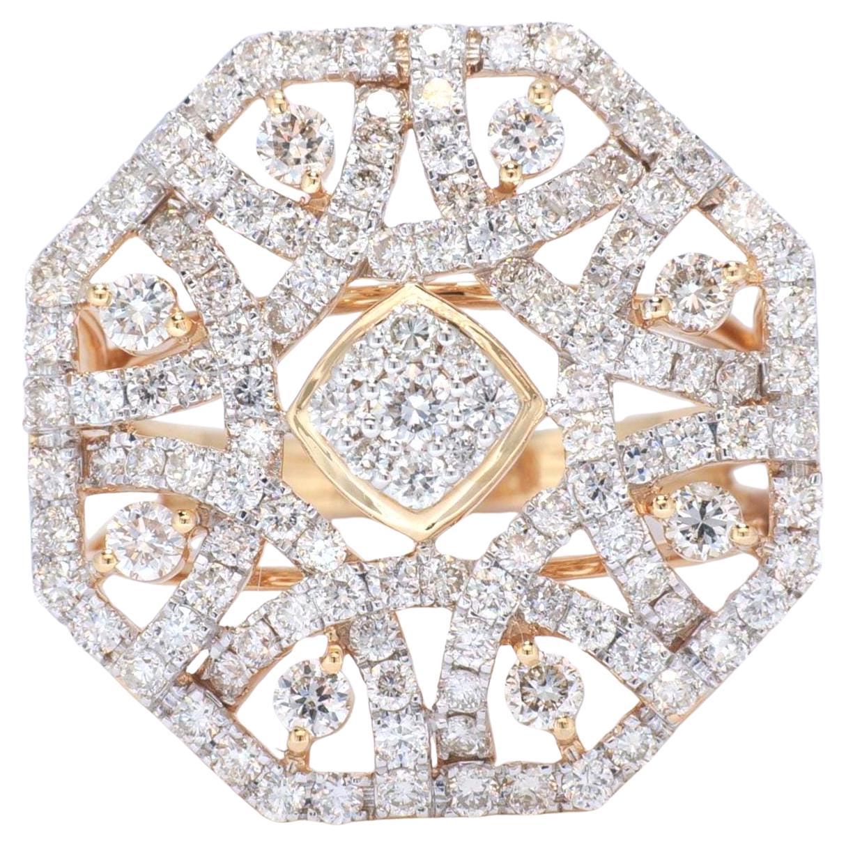 Octagonal Diamond Cocktail Ring in 14k Solid Gold (Certified)
