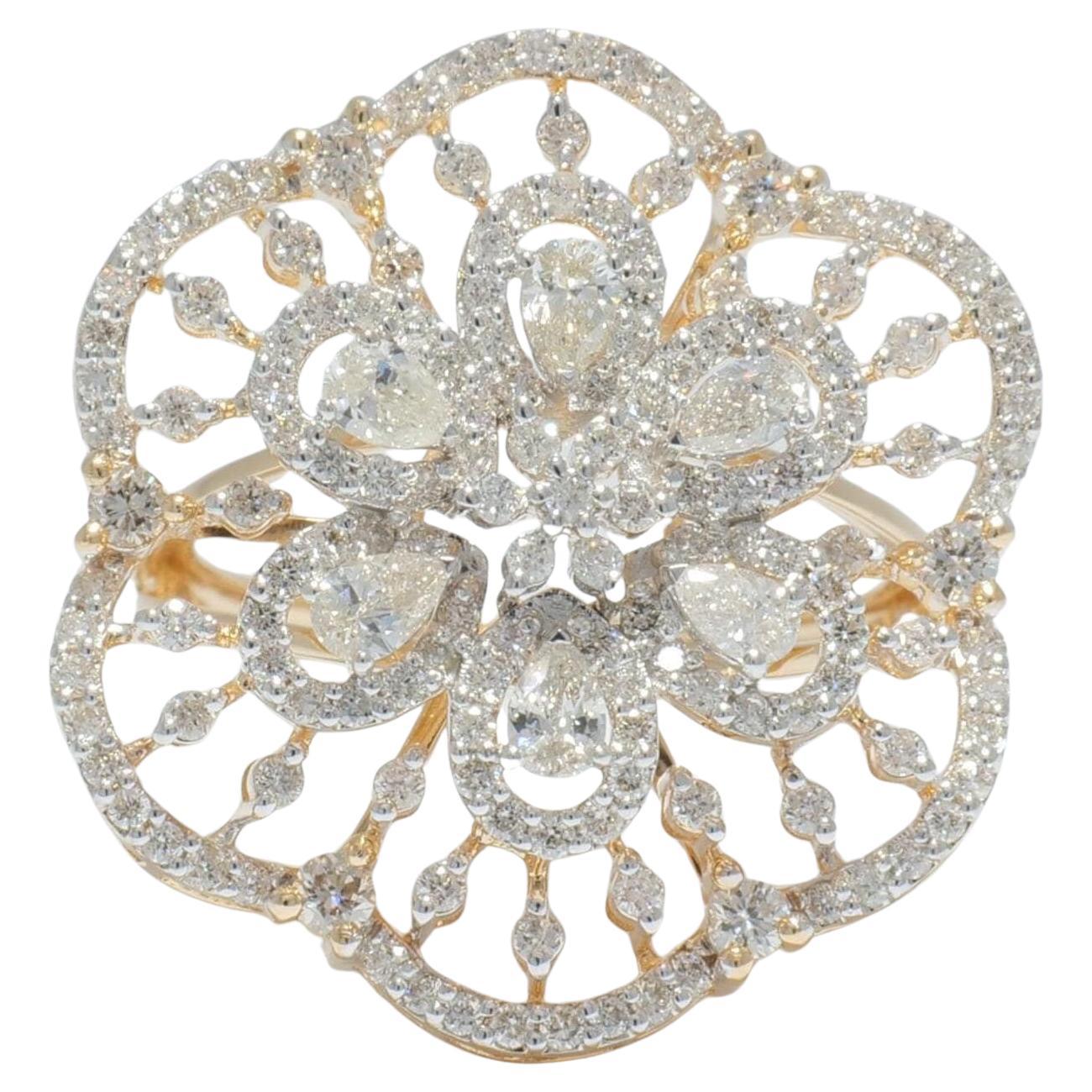 Flower Cluster Diamond Ring in 14k Solid Gold (Certified)
