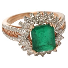 Emerald Halo Diamond Ring in 14k Solid Gold (Certified)