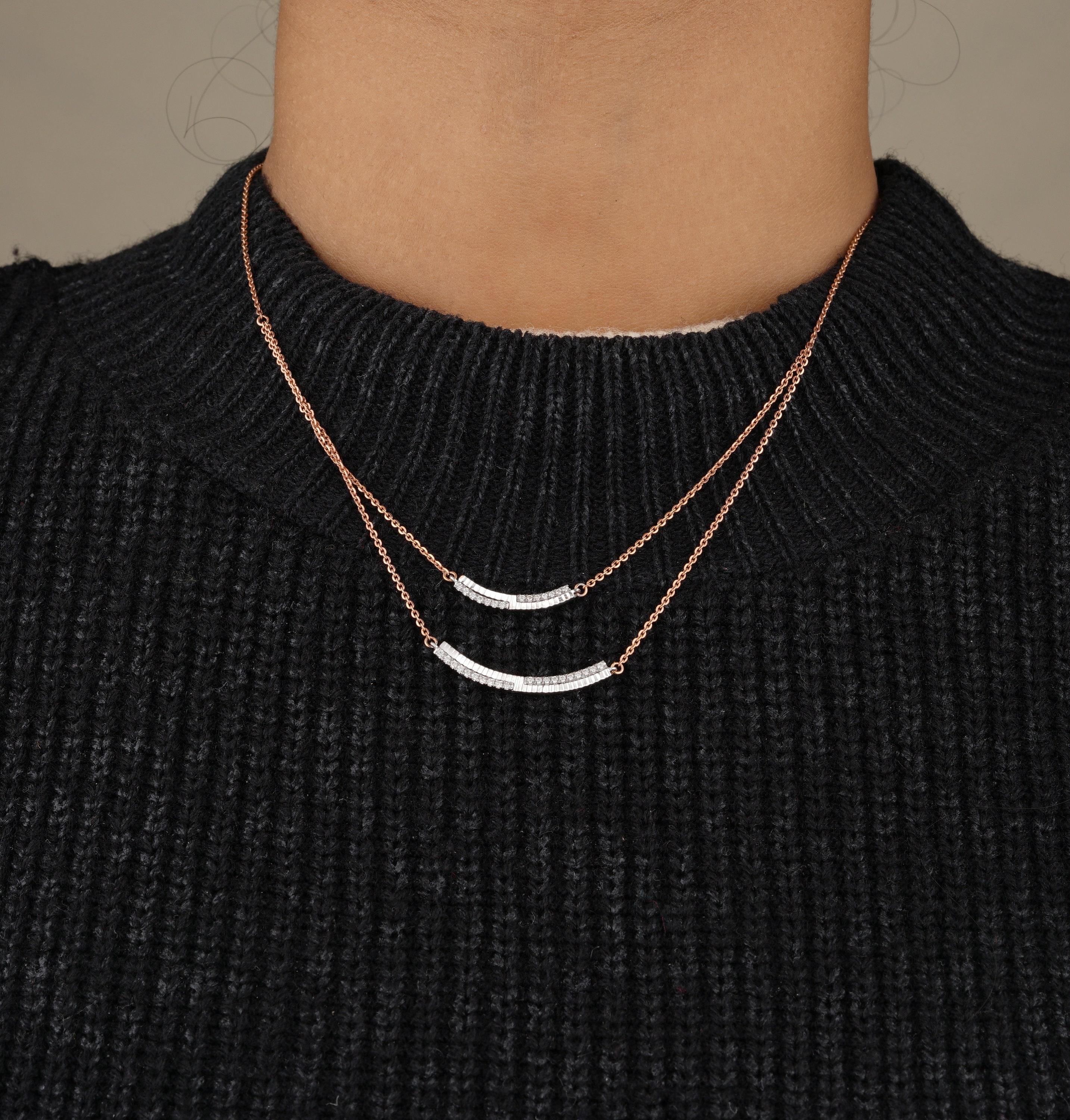 Collier en or massif 14k à double arc et diamants superposés (certifié) Pour femmes en vente