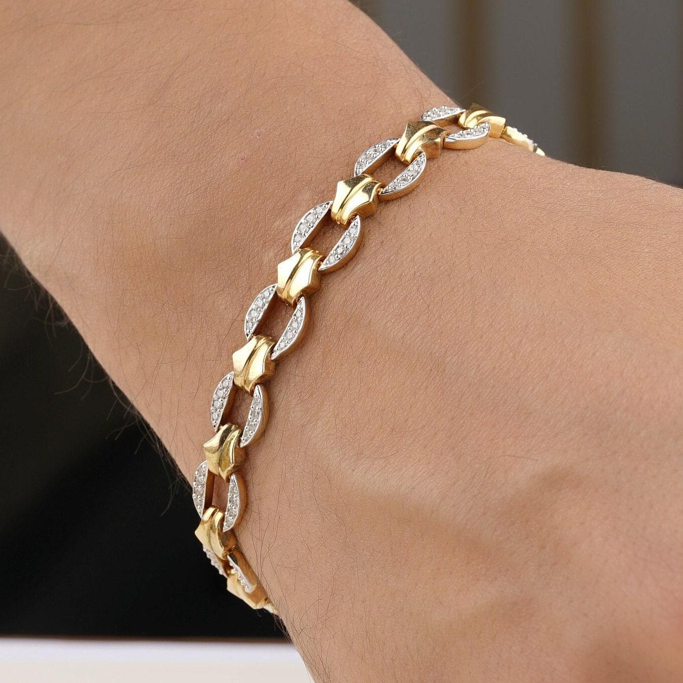 Pulsera de eslabones con cadena de diamantes para hombre en oro macizo de 14 quilates (certificado) Art Decó en venta