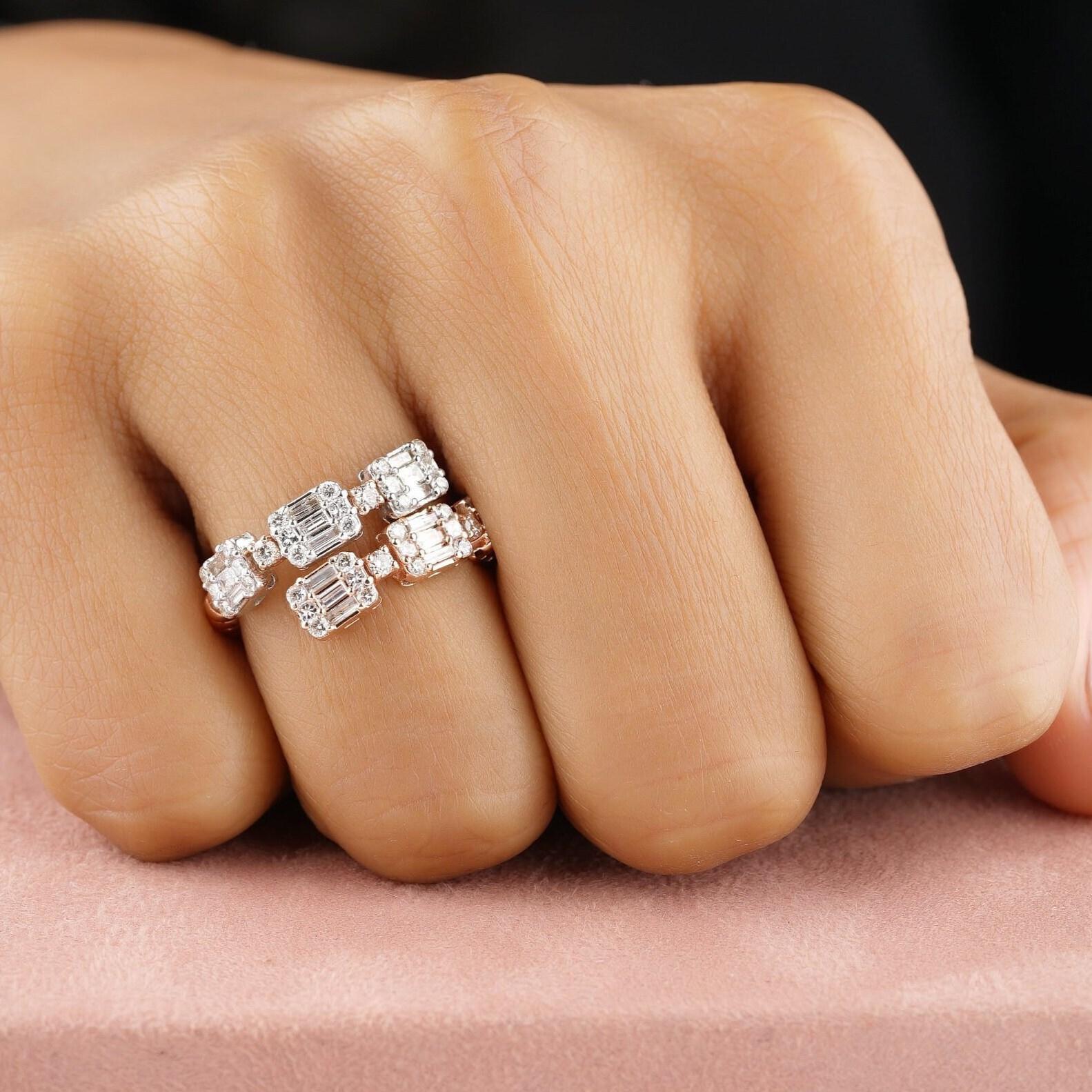 Art déco Bague à double anneau en or massif 14K avec diamant (certifié) en vente