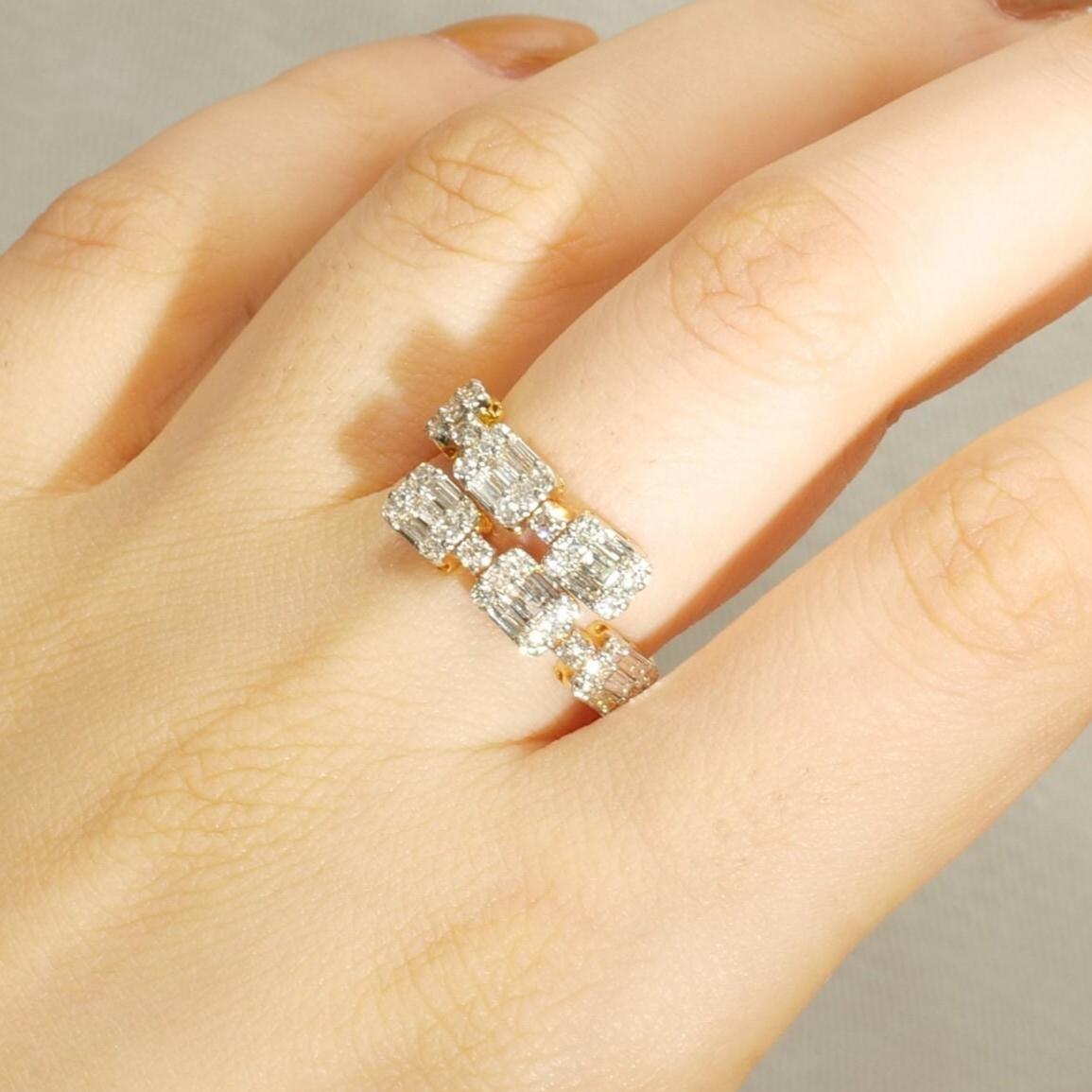 Taille ronde Bague à double anneau en or massif 14K avec diamant (certifié) en vente