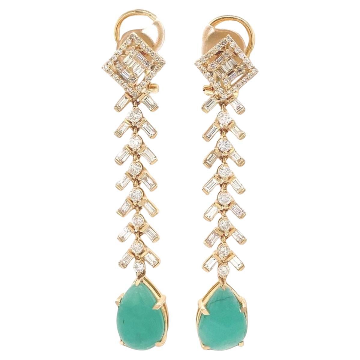 Tear Drop Emerald Natural Diamond Dangle Earrings in 14K Solid Gold (Certified) For Sale