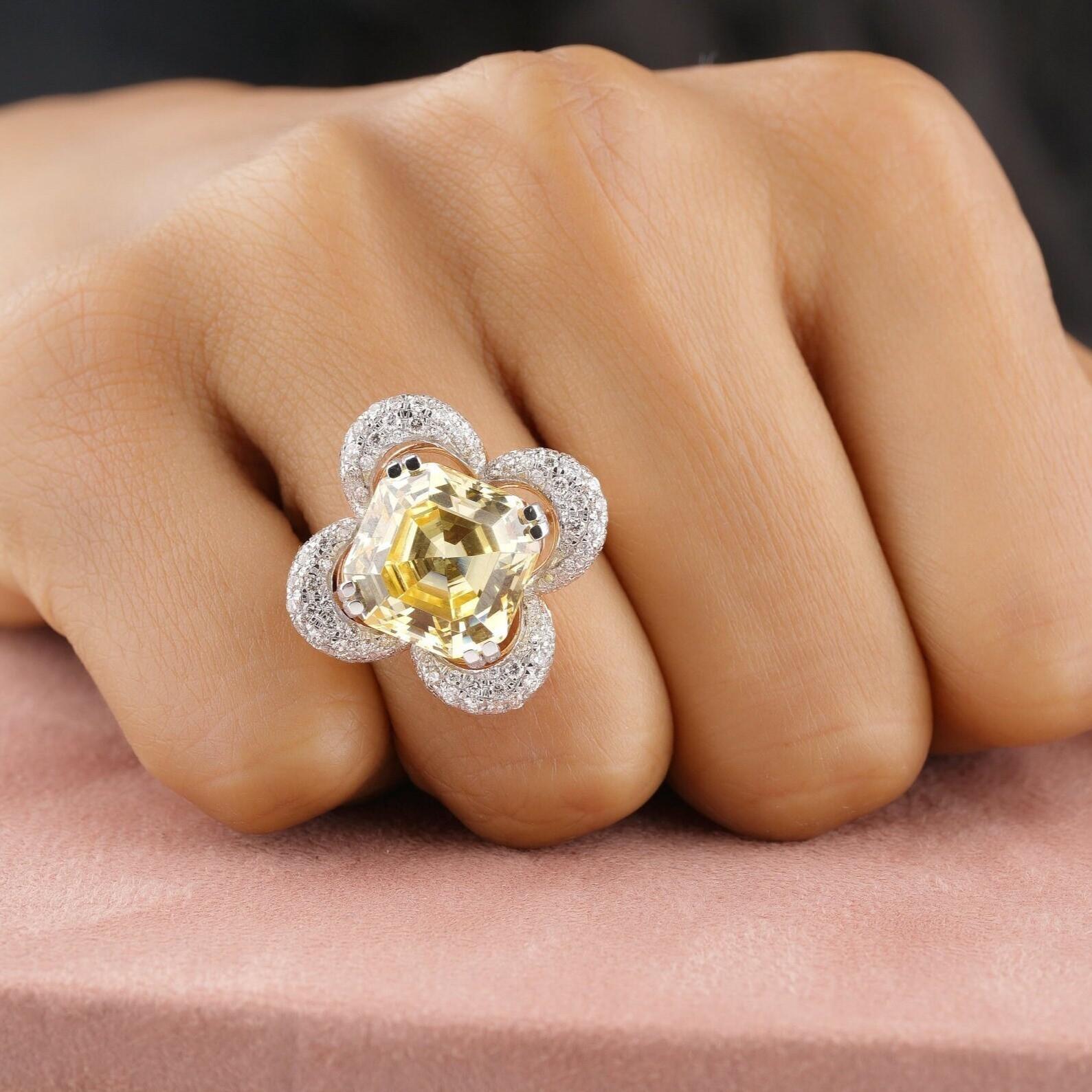 Citrin-Diamantring aus massivem 14-karätigem Gold (zertifiziert) (Art déco) im Angebot
