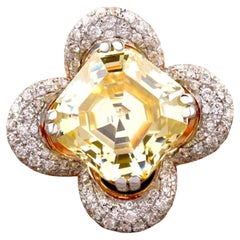 Citrine Natural Diamond Floral Statement Ring In 14kt Solid Gold (Certified)