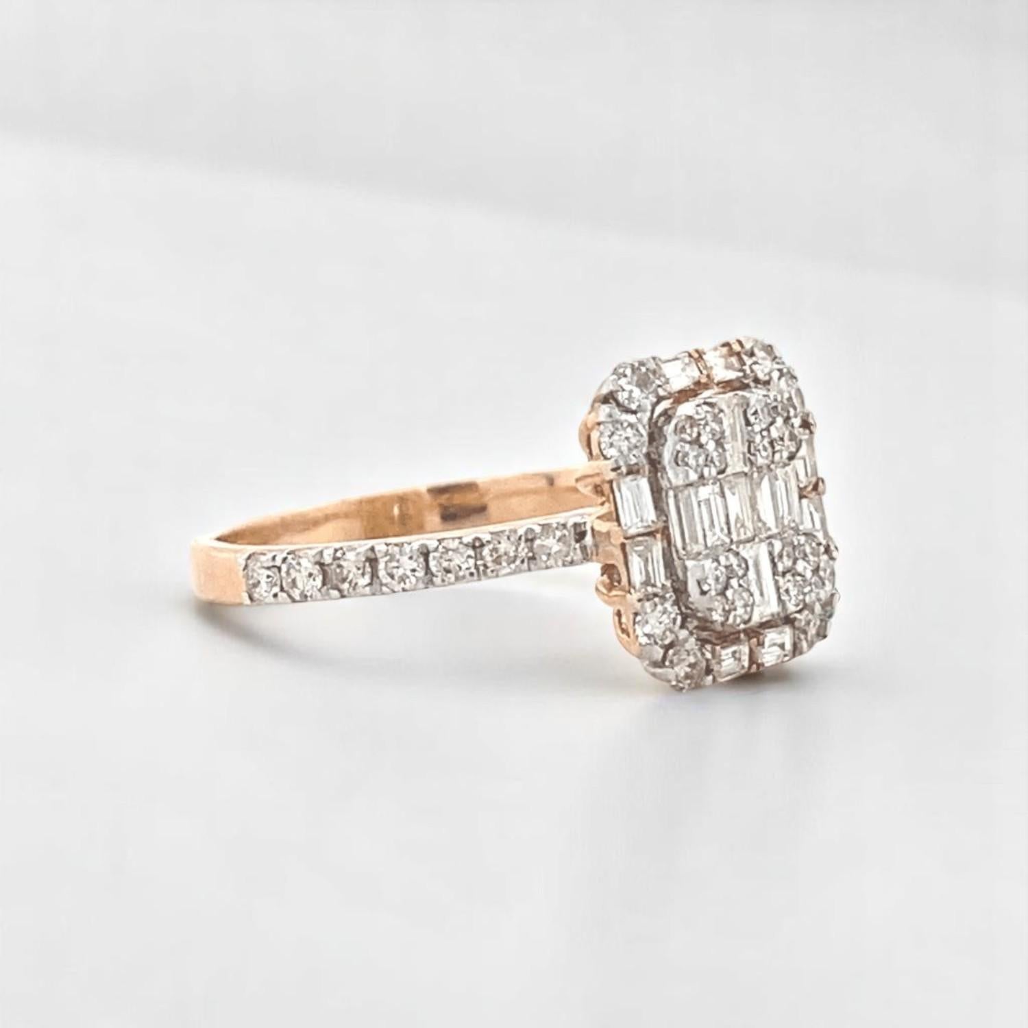 Runder & Baguette-Illusion-Diamant-Goldring aus 14k massivem Gold (zertifiziert) (Art déco) im Angebot