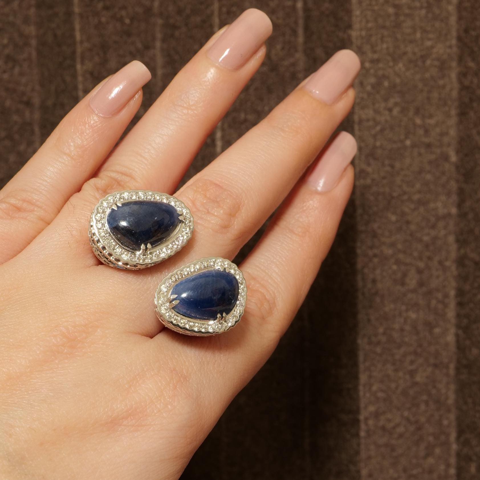 Art déco Bague à manchette ouverte en or massif 14k avec saphir bleu et diamant (certifié) en vente