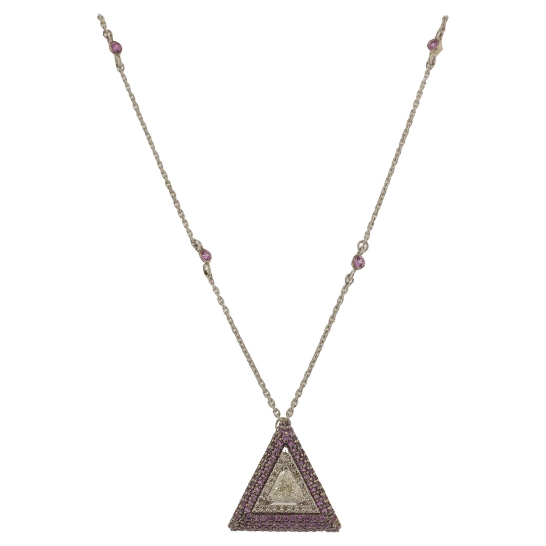 Pink Sapphire Triangle Natural Diamond Necklace 14K Solid Gold (Certified) For Sale