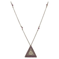 Pink Sapphire Triangle Natural Diamond Necklace 14K Solid Gold (Certified)