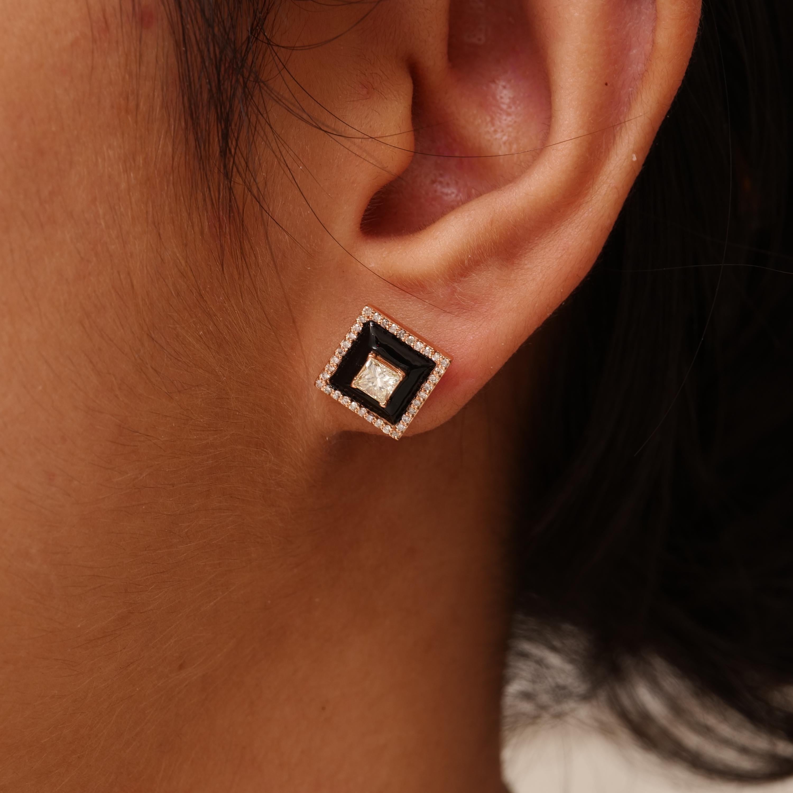Art déco Boucles d'oreilles princesse diamant avec émail noir en or massif 14K (certifié) en vente