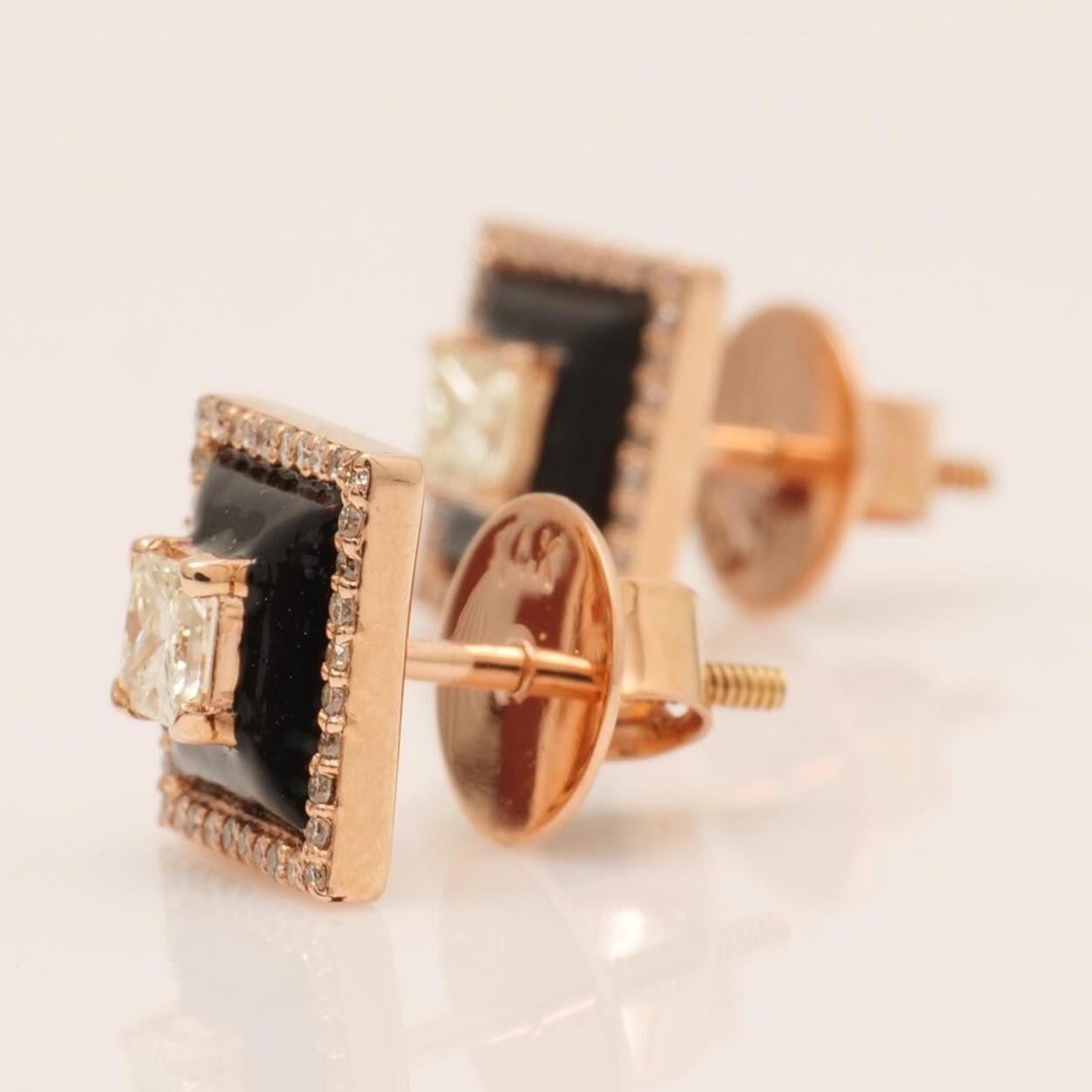 Boucles d'oreilles princesse diamant avec émail noir en or massif 14K (certifié) Pour femmes en vente
