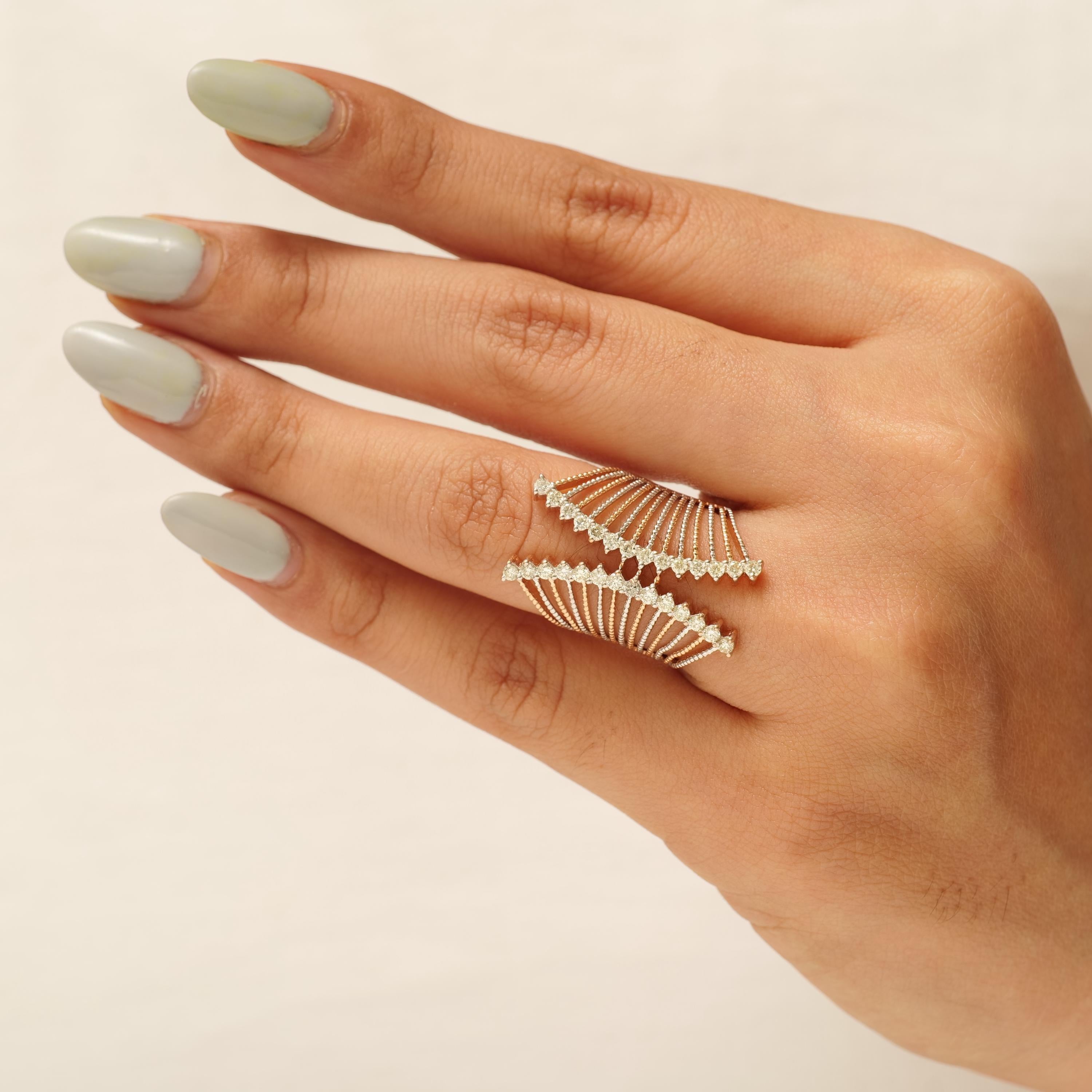 Breiter Diamantring in Käfigform aus massivem 14-karätigem Gold (zertifiziert) (Art déco) im Angebot