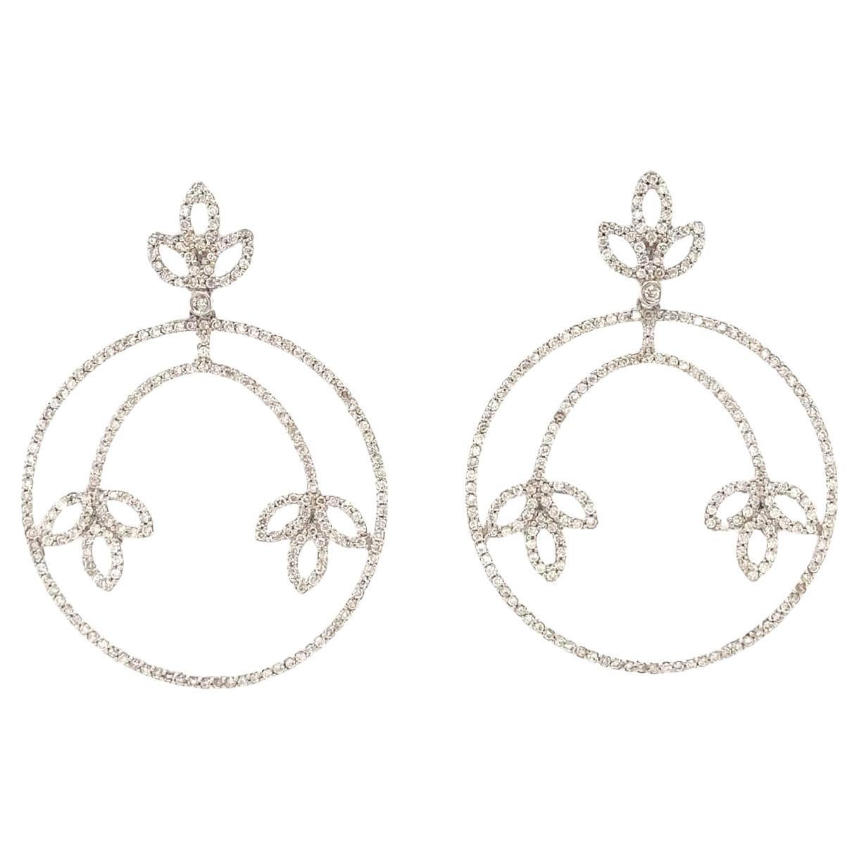 Circle Leaf Dangle Natural Diamond Earrings In 14k Solid Gold (Certified) For Sale