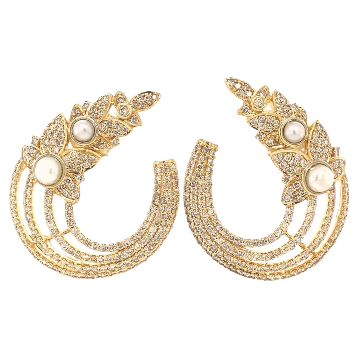 Pendientes de diamantes con perla Leaves en oro macizo de 14 quilates (certificado)