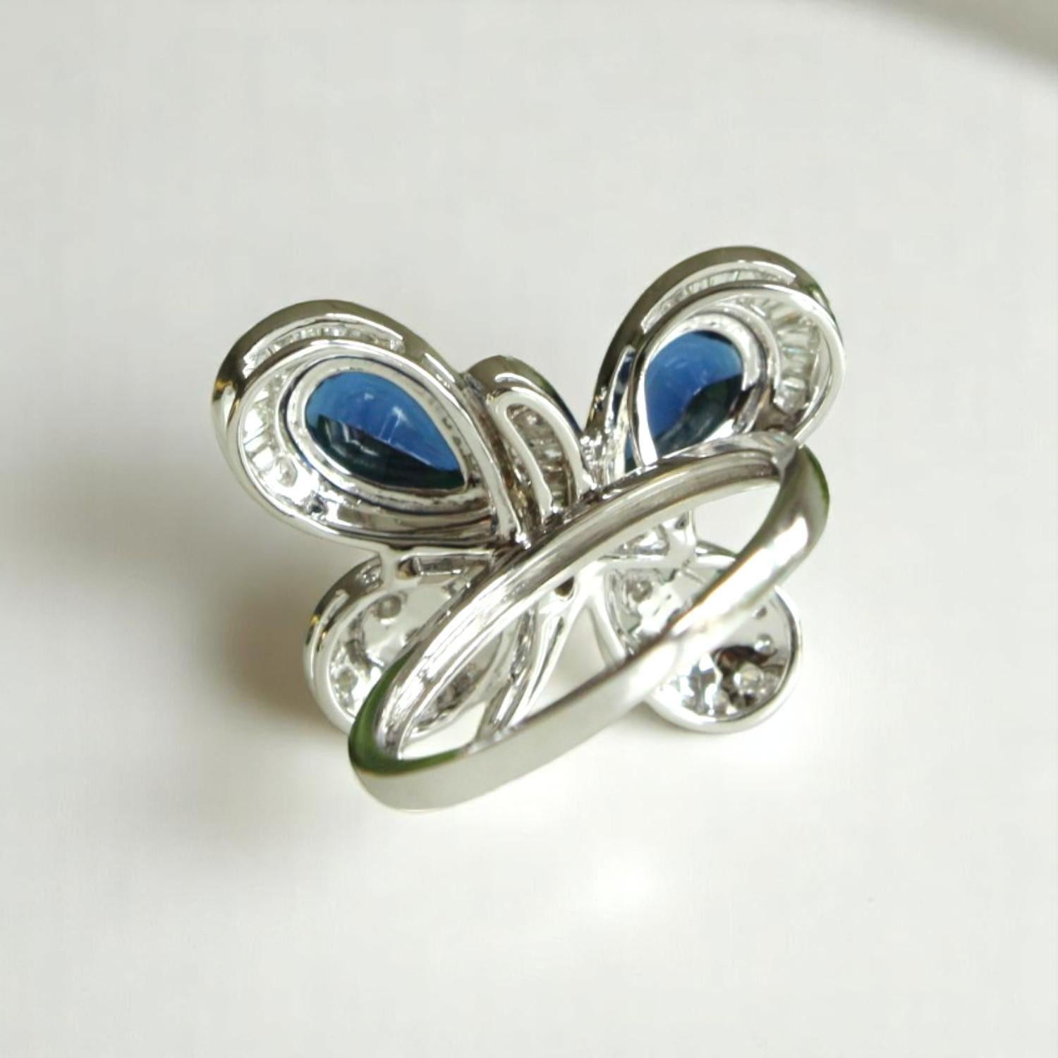 Bague en or massif 14K avec saphir bleu et diamant en forme de papillon (certifié) Pour femmes en vente