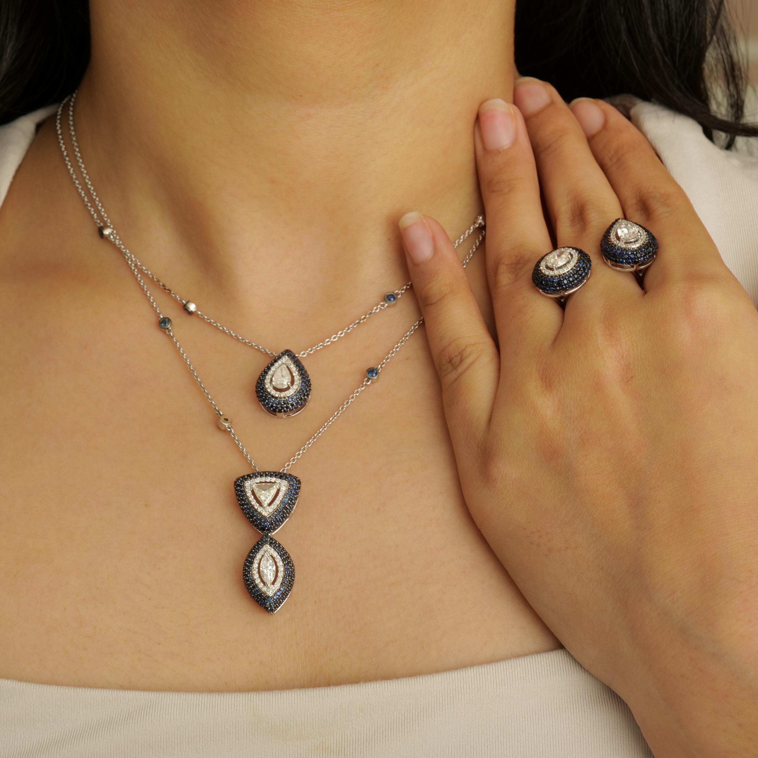 Art déco Collier pendentif en or massif 14K avec diamants fantaisie et saphirs bleus (certifié) en vente