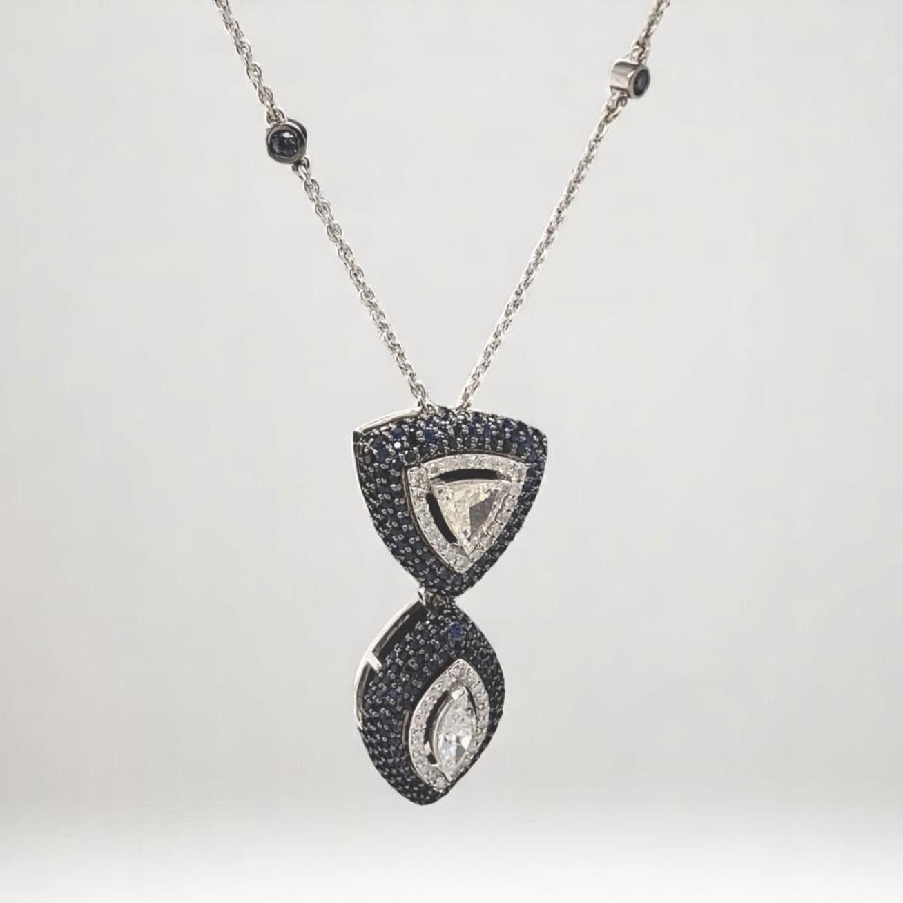Taille ronde Collier pendentif en or massif 14K avec diamants fantaisie et saphirs bleus (certifié) en vente