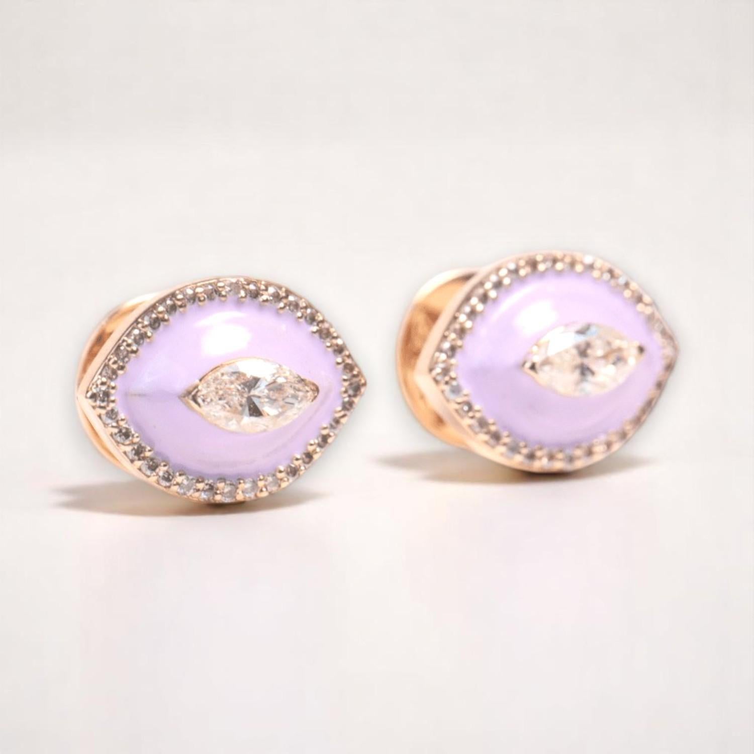 Taglio rotondo Orecchini con diamante e smaltatura rosa in oro massiccio 14k (certificati) in vendita
