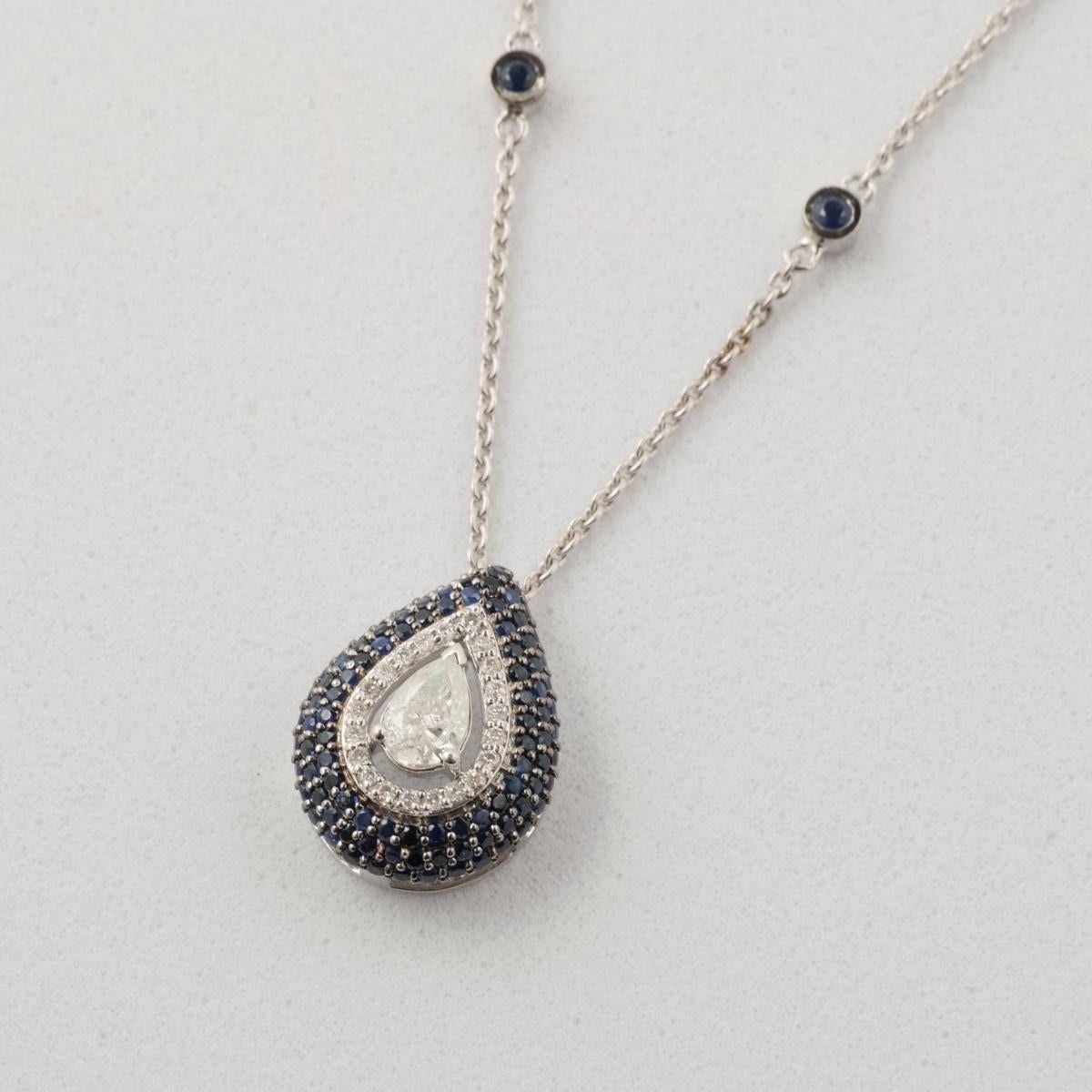 Collier de saphirs bleus en forme de goutte d'eau avec halo de diamants en or massif 14K (certifié) Pour femmes en vente