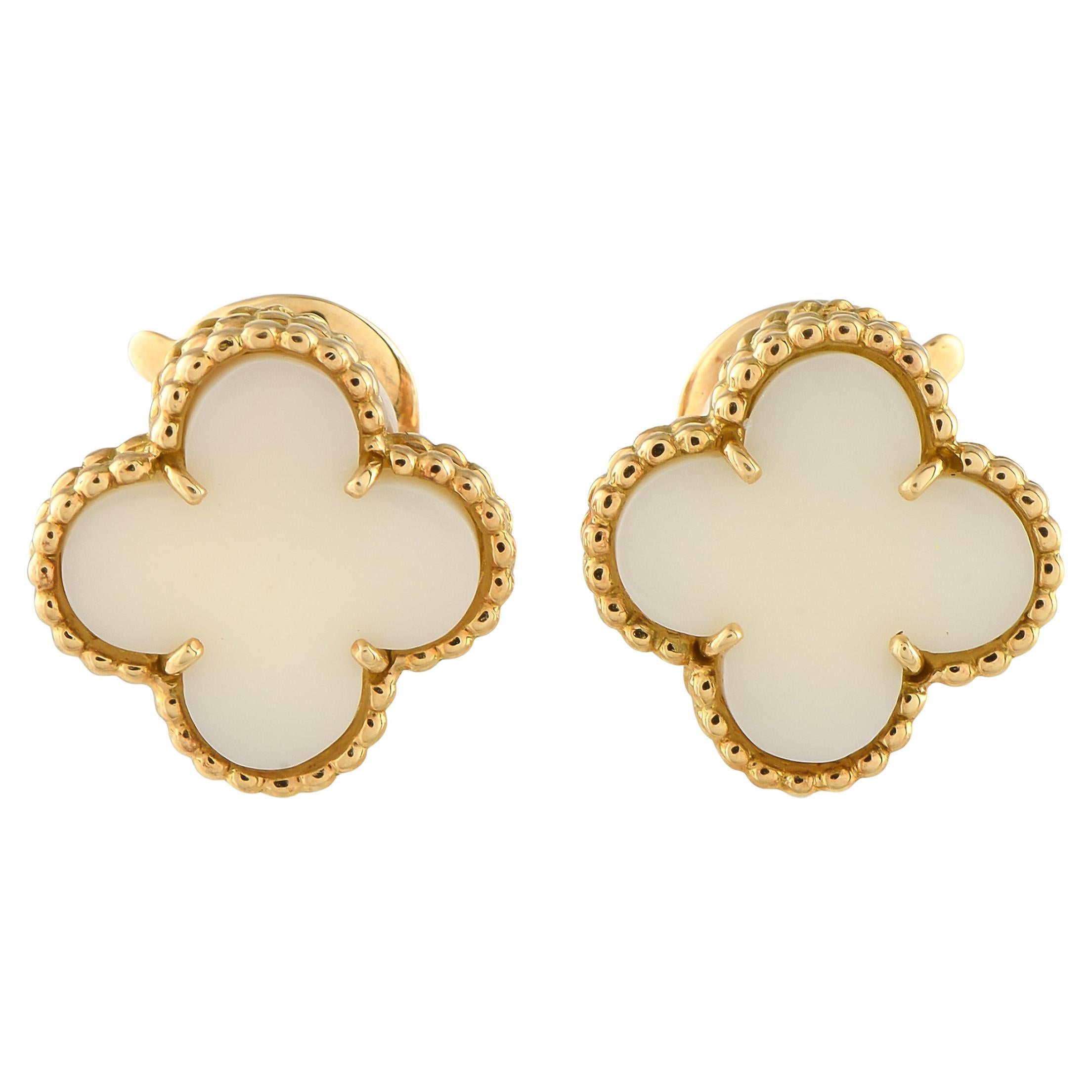 Van Cleef 
Arpels Vintage Alhambra 18K Yellow Gold White Coral Clip-On Earrings