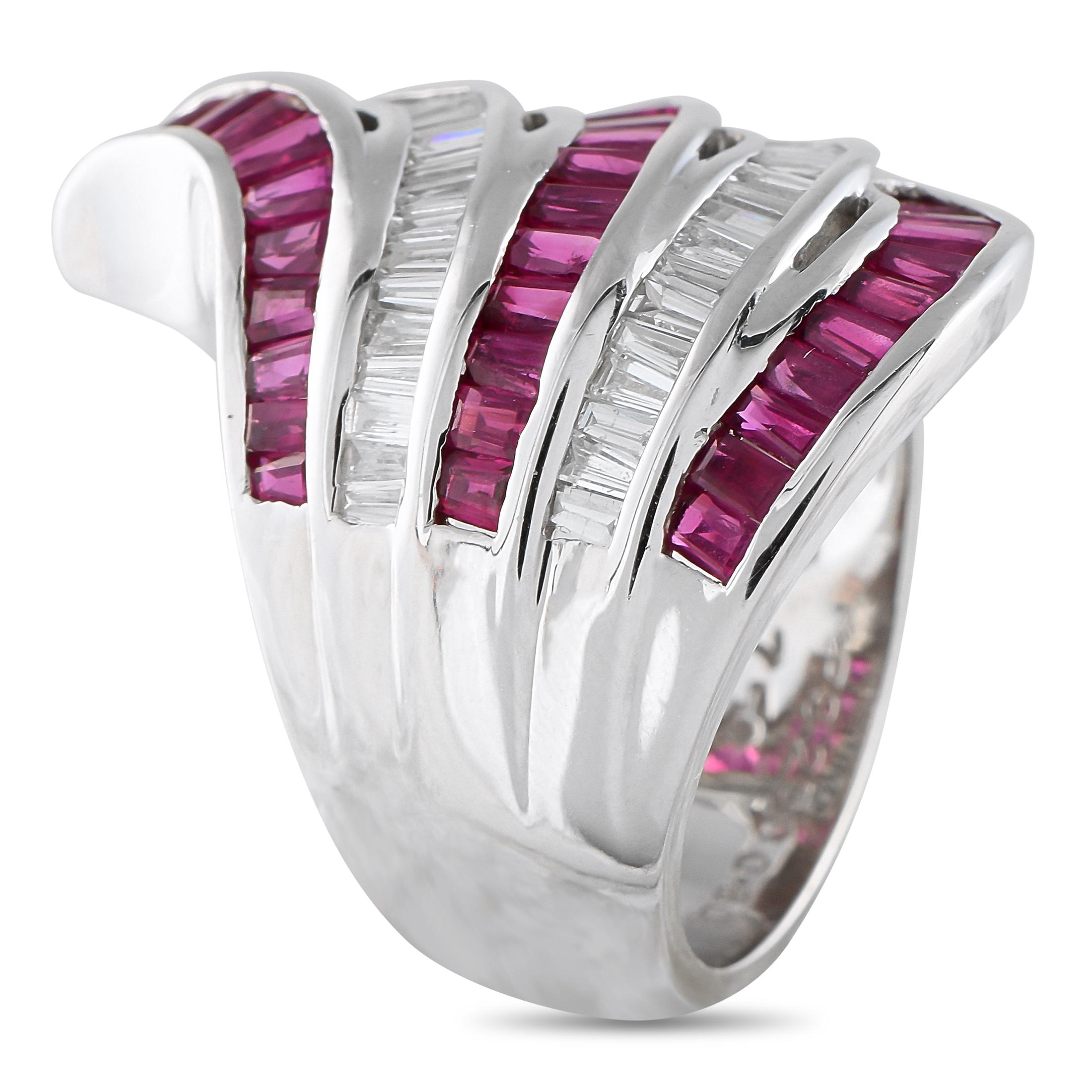 A distinctly stunning multi-row ring for when you need a bold and brilliant finger hugger. This white gold piece features alternating rows of tapered baguette diamonds and tapered baguette rubies. The trapezoidal stones sit snugly in curved