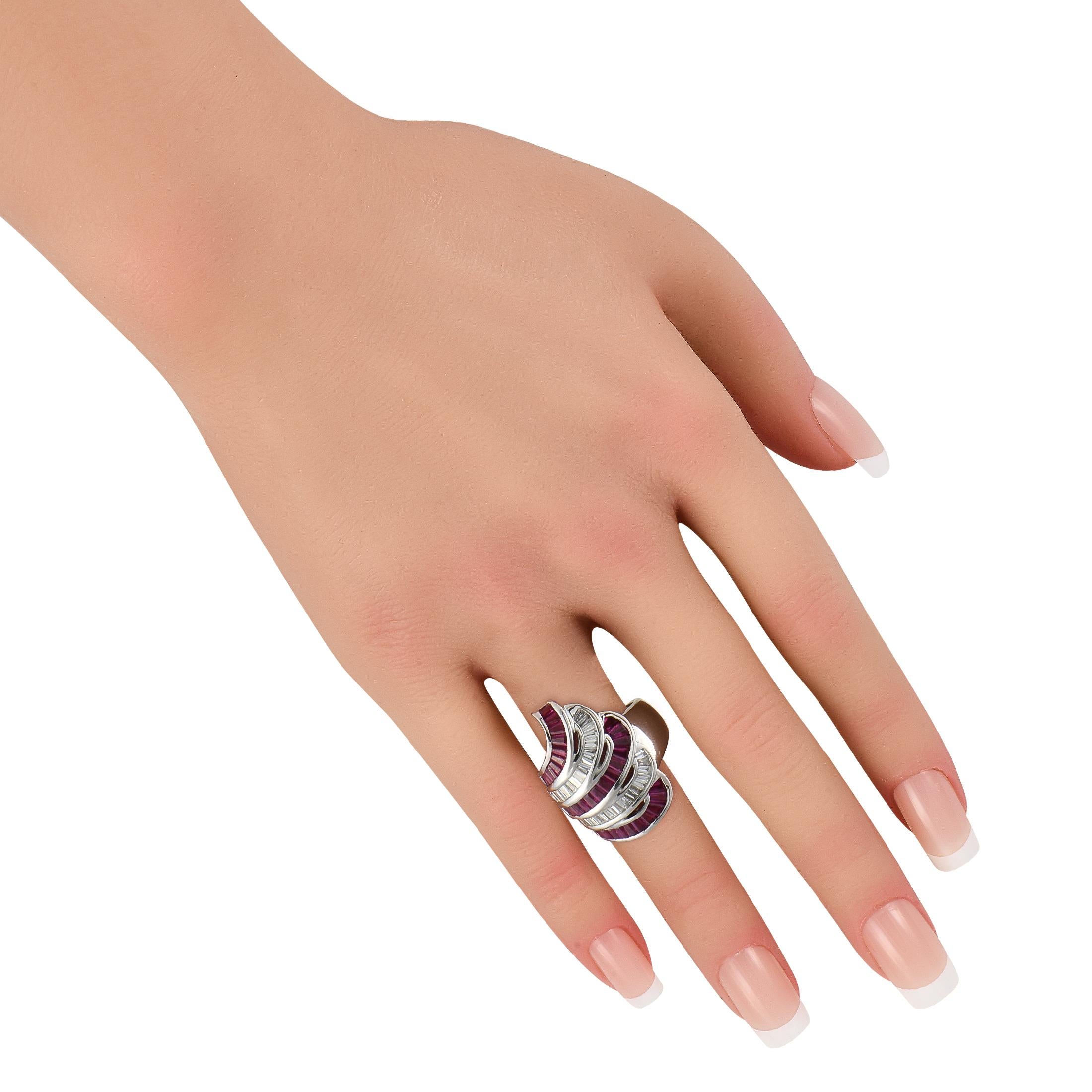 Baguette Cut 18K White Gold 0.80ct Diamond and Ruby Multi-Row Ring For Sale