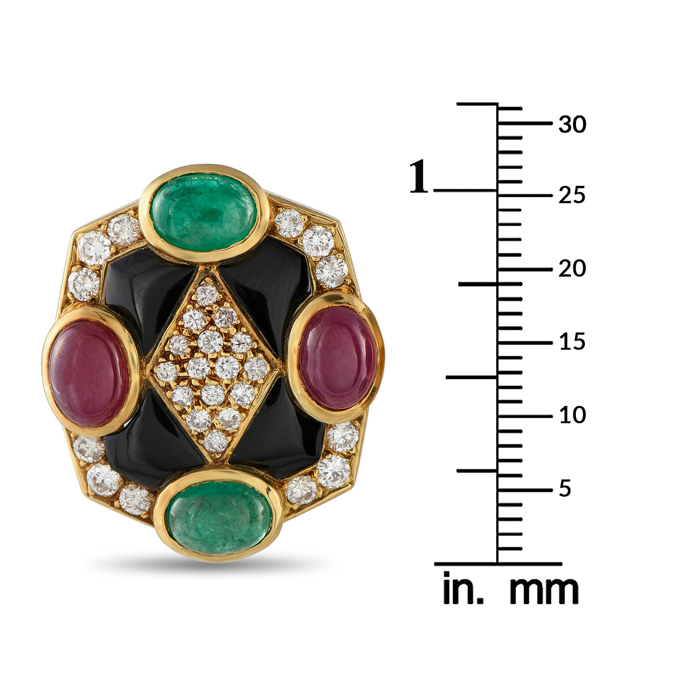 Taglio rotondo Orecchini a clip in oro giallo 14K con diamanti, smeraldi e rubini da 2,40 carati in vendita