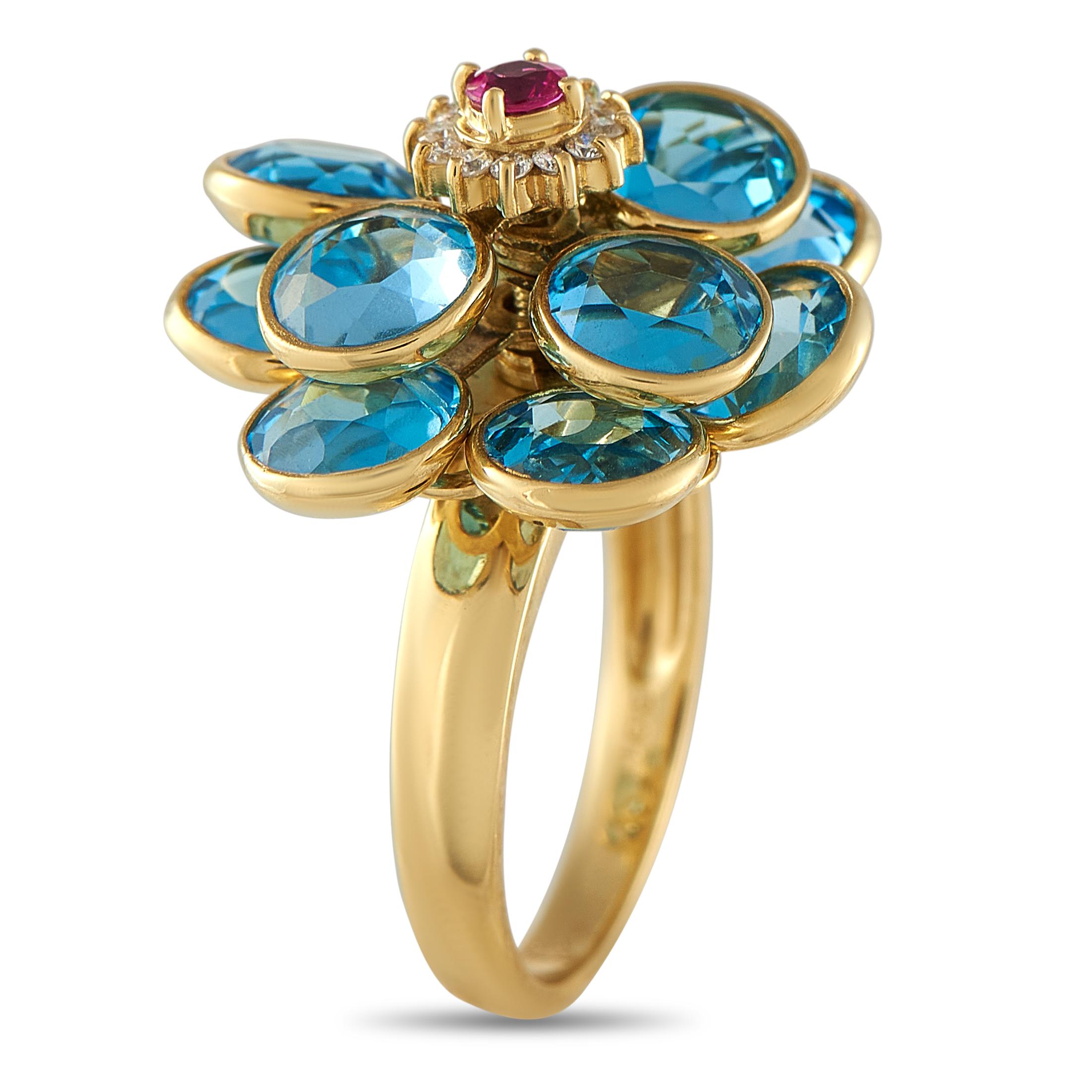 Un design elegante e contemporaneo rende questo anello di lusso diverso da qualsiasi altra cosa tu abbia mai visto prima. Su questo dinamico accessorio, la pietra centrale di un rubino è circondata da una scintillante aureola di diamanti. Le pietre
