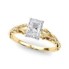 GIA 1.20ct Radiant Vintage Three-Stone Heart & Vine 18K Yellow Gold Diamond Ring