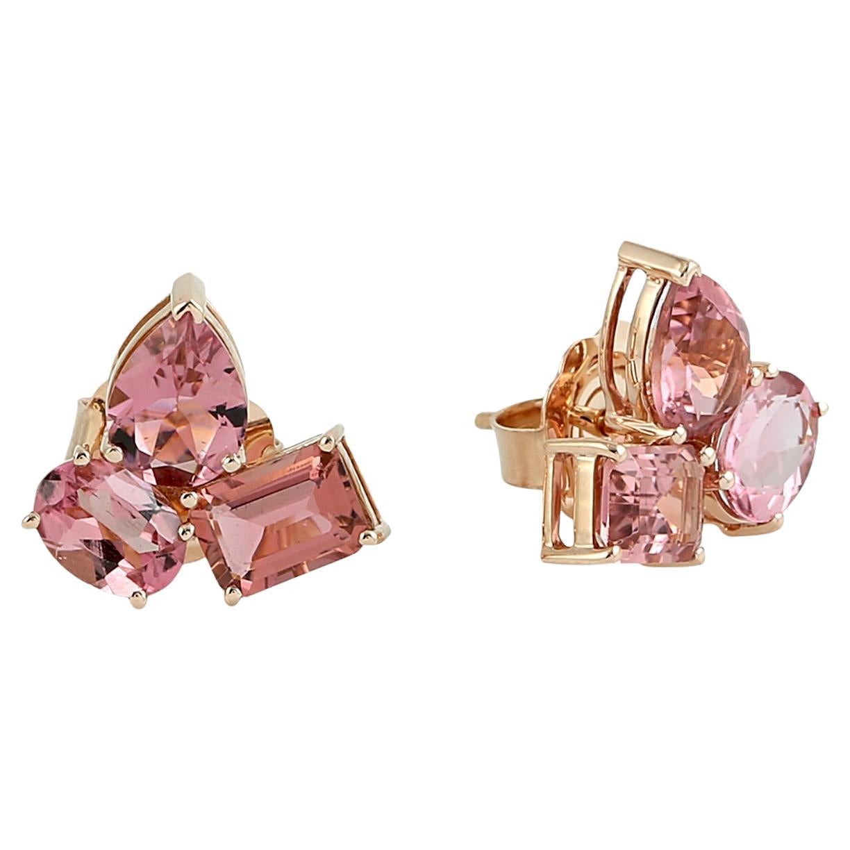 Boucles d'oreilles minimales en or rose 18k avec tourmaline rose en vente