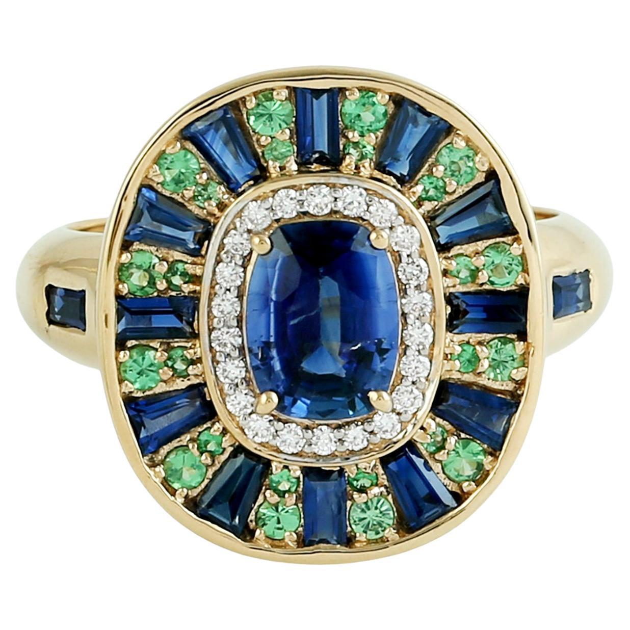 Ceylon Blauer Saphir & Tsavorit Ring mit Diamanten in 18k Gelbgold